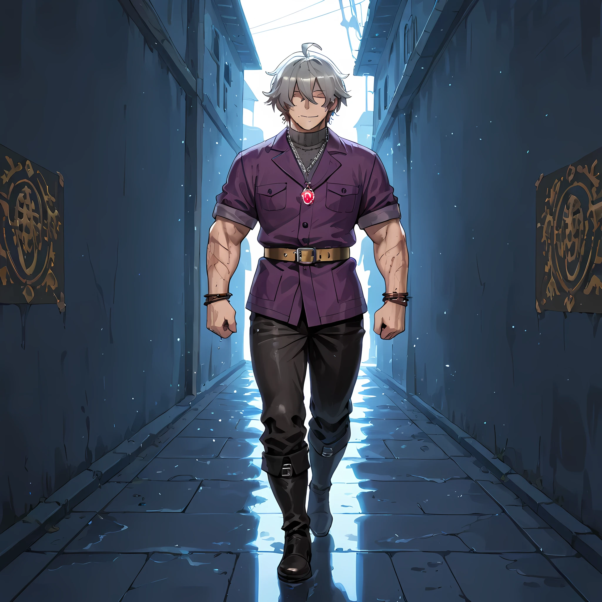 {man1}:(man1 who looks like Manjiro Sano, human ears, thirty-two year old man, wavy hair, strong-bodied man, developed physique: 1.2, muscular body: 1.2, purple jacket, gray turtleneck underneath the jacket, gold belt on long pants, black army pants, silver chain attached to the side of the pants, black leather boots, thorn bracelets on the arms, scars on the arms, burn marks on the cheeks to the middle of the neck, earrings with a waning moon pendant, short gray hair quite messy to the height of the ears, hair covering the eyes, hair tips dyed purple, eyebrows in the shape of gray flames, pink eyes, ahoge hair, heavy breathing, (man1 walking through the alley of a dark medieval city, wet concrete floor, small rats running along the sides of the alley, people fallen and bloody near the walls, man1 looking forward with a sarcastic and fearless look, smile of madness, sharp fangs) | ((Ano Danchi no Tsuma-tachi wa... The hentai style of animation:1.4)), ((better image quality, better sharpness, better saturation, better vibrancy, better color balance, better shading, full HD, better quality of facial details)), ((fantasy anime style medieval town, richly detailed scenery, better resolution, richness of scene details, lighting balance)), (counter-dive angle).
