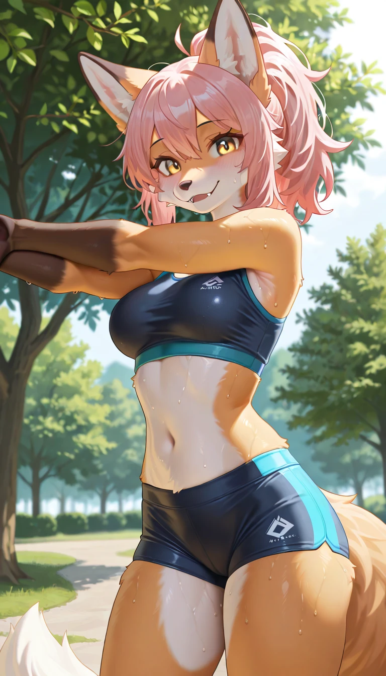 ((best quality))), (((extremely detailed))), Furry, Female, Wolf, black fur, pink running olympic bottoms, small chest, flat chest, pink sports bra, short hair, hair tie, sweaty, glistening,