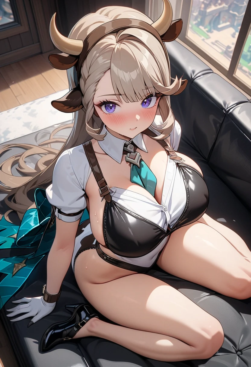 masterpeace, best quality, high resolution, 1woman, cat ear, maid costume (blond hime_cut, chignon, blunt bangs) heart shaped pupils (black PVC knee socks) (black PVC long gloves) ((green shiny micro bikini)) big breasts, skinny body, paw pose, wariza, on the bed (embarrassed, blush:1.3) (ecstasy:0.5) (steam:1.2) open mouth (orgasm:0.5)