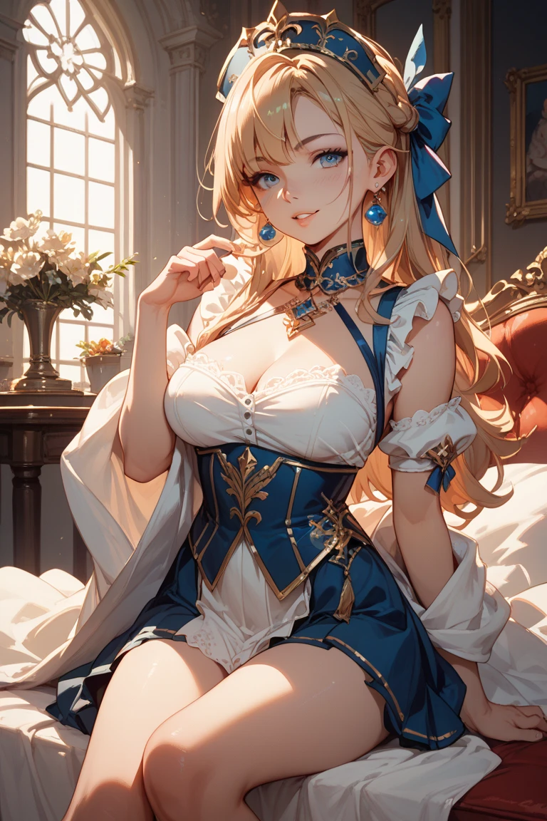8K, Fantasy, Delicate face, (Highly detailed CG Unity 8K wallpaper),(Ultra-detailed), (Best Illustration),(((masutepiece, Highest Quality, accuracy, ultra-detailliert)))),((female cleric)),(fantasy female monk),(Colossal tits),erotick,a blond,Golden Eyes,A slender, Pretty Face, On Body, Tindall Effect, Realistic, (High Detail Skins: 1.2), 8K UHD, Digital SLR, Soft light, High quality, Volume Light, Sneak Shots, Photo, High resolution, 4K, 8K, Background blur, Lying on his back on the bed,