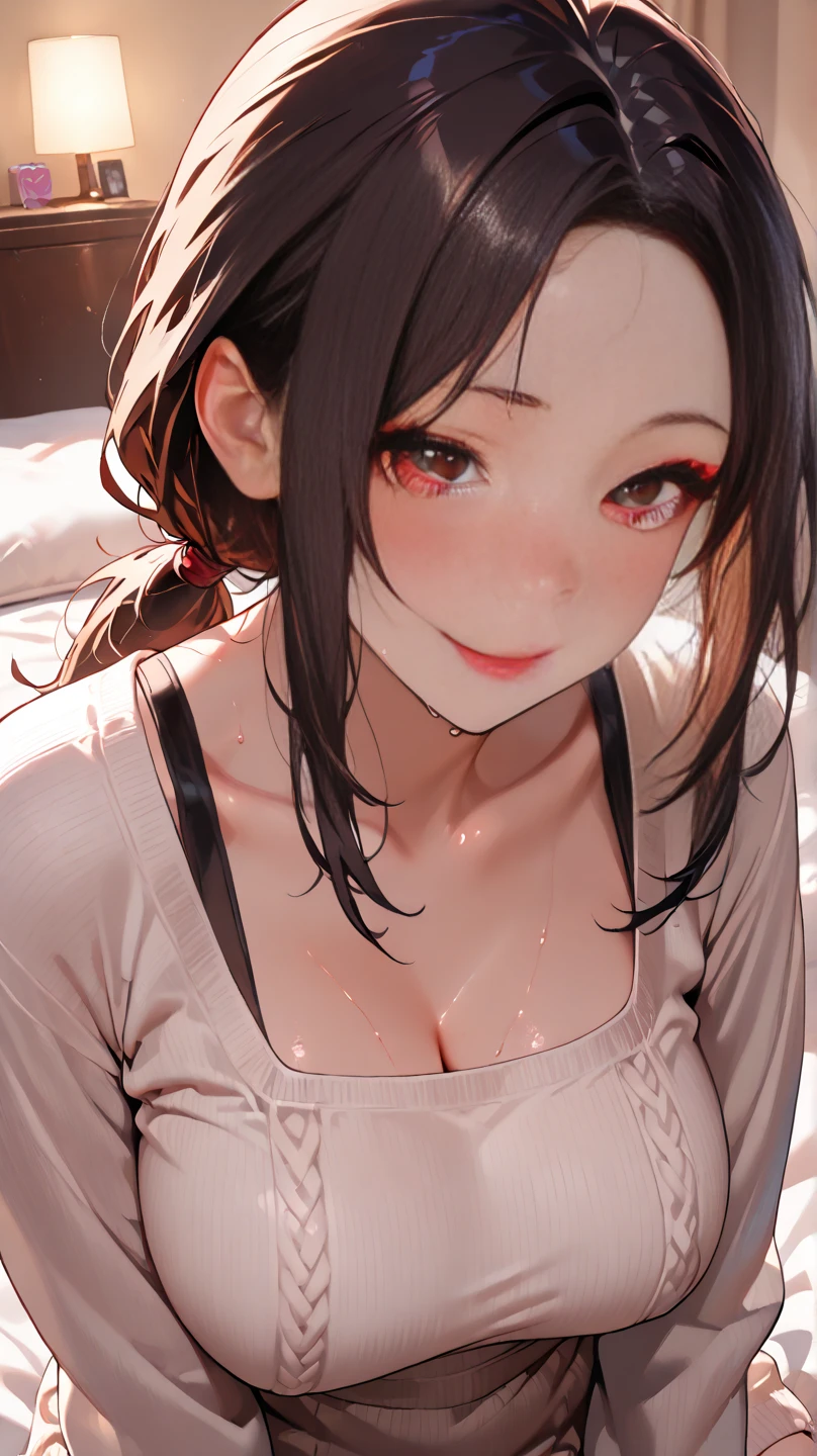 realisticlying、 Smiling 18 year old girl((Grasp your breasts with both hands))、wearing a red turtleneck sweater、Breasts enlarged、 Posing、I'm sweating、Redness of cheeks、