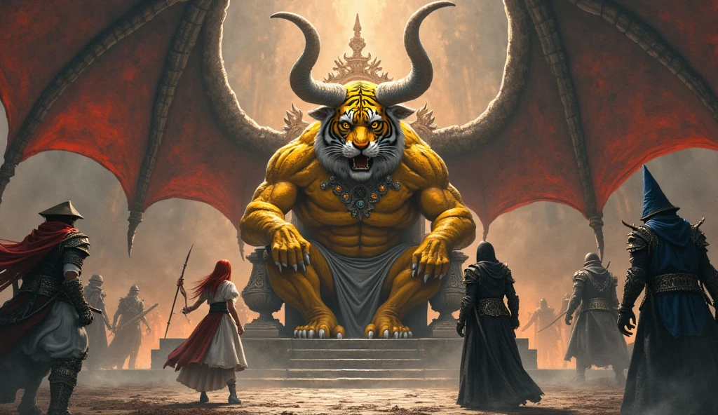 (from below:1.4), horror, (full body:1.4) photo, (tiger:1.4), muscles, (gigantic horns:1.4) that protruded from his helmet, (robot parts:1.2), dark skin, furs,
(fighting stance, dynaimc pose), (chain:1.4), (raises arms to the sky:1.2), armor, weapon, (gigantic shield), huge wings, his eyes were a fiery red, burn in hell,ruined town, explosion, r1ge,
(masterpiece,best quality, realistic detail:1.4) <lora:bulkedupAI_bulkedupAIR15:0.15> <lora:Clothing - Spartan Armor:0.5> <lora:r1ge - AnimeRage:0.5> <lora:ARWAshura:0.8>