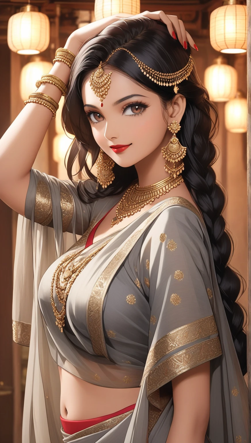 A beautiful young woman in a seductive pose, wearing a vibrant red printed saree with silky wavy hair, heavy jhumka earrings, and a perfect hourglass figure. Cleavage.Her face is detailed with stunning eyes, full lips, and flawless makeup. The scene is set with dark, cinematic lighting that creates a dramatic, photorealistic effect. The overall image is a high-quality, masterpiece-level 8K rendering.