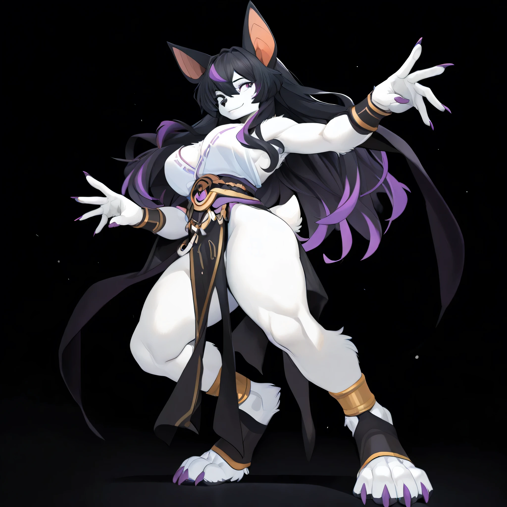 masterpiece, best quality, anime shading, full body picture, centered, ((three-quarters view)), 1girl, ((single view)), ((alone)), anthro, furry, fox female, wolf nose, ((white fox)), ((bat ears:1.5)), purple eyes, white fur, white skin, ((long black hair with purple highlights)), small smile, tall with large breasts, white paws, white hands, black claws, black nose, white legs, digitigrade legs, digitigrade paws, big foot paws, ((solid black background)), ((standing pose)), score_9_up, score_8_up, score_7_up, score_6_up, score_5_up, score_4_up, (safe content)