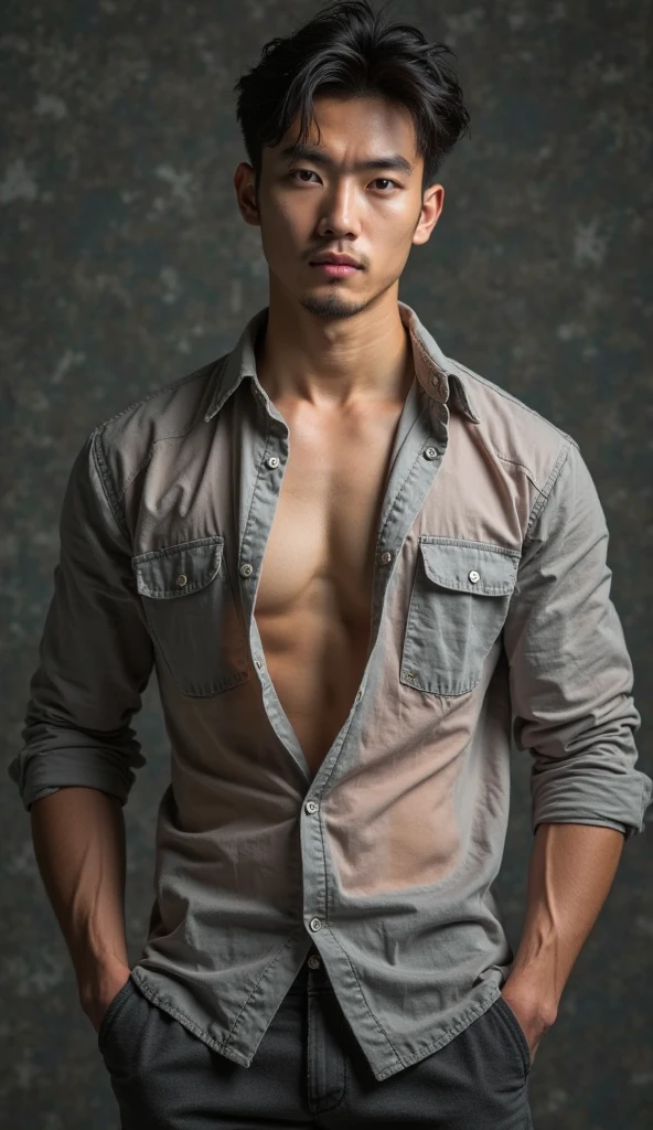 Photograph of Native American male photo retoucher (Whitney Minthorn), exact face, short brunette hair, light skin-tone, slender, slim, thin, tight fitted unbuttoned boxer briefs, unbuttoned shirt, bare chest, (penis, uncircumcised, erect penis), pubic hair, sweating, correct anatomy for pose, cinematic movie still, full body portrait, natural beauty, high quality, high detail, photograph taken with nikon z8 mirrorless camera with nikkor z 24mm s lens