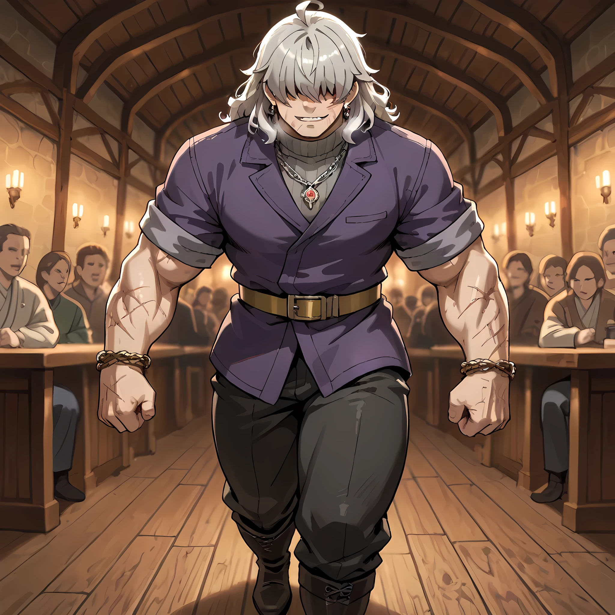 {man1}:(man1 who looks like Manjiro Sano, human ears, thirty-two year old man, wavy hair, strong-bodied man, developed physique: 1.2, muscular body: 1.2, purple jacket, gray turtleneck underneath the jacket, gold belt on long pants, black army pants, silver chain attached to the side of the pants, black leather boots, thorn bracelets on the arms, scars on the arms, burn marks on the cheeks to the middle of the neck, earrings with a waning moon pendant, short gray hair quite messy to the height of the ears, hair covering the eyes, hair tips dyed purple, eyebrows in the shape of gray flames, pink eyes, ahoge hair, heavy breathing, (man1 in a tavern crowded with people, walking through the tavern with a cold look, small rats running under the tables around, people fallen and bloody near the walls, man1 with a smile of madness, sharp fangs, room lit by chandeliers) | ((Ano Danchi no Tsuma-tachi wa... The hentai style of animation:1.4)), ((better image quality, better sharpness, better saturation, better vibrancy, better color balance, better shading, full HD, better quality of facial details)), ((fantasy anime style medieval town, richly detailed scenery, better resolution, richness of scene details, lighting balance)), (counter-dive angle).
