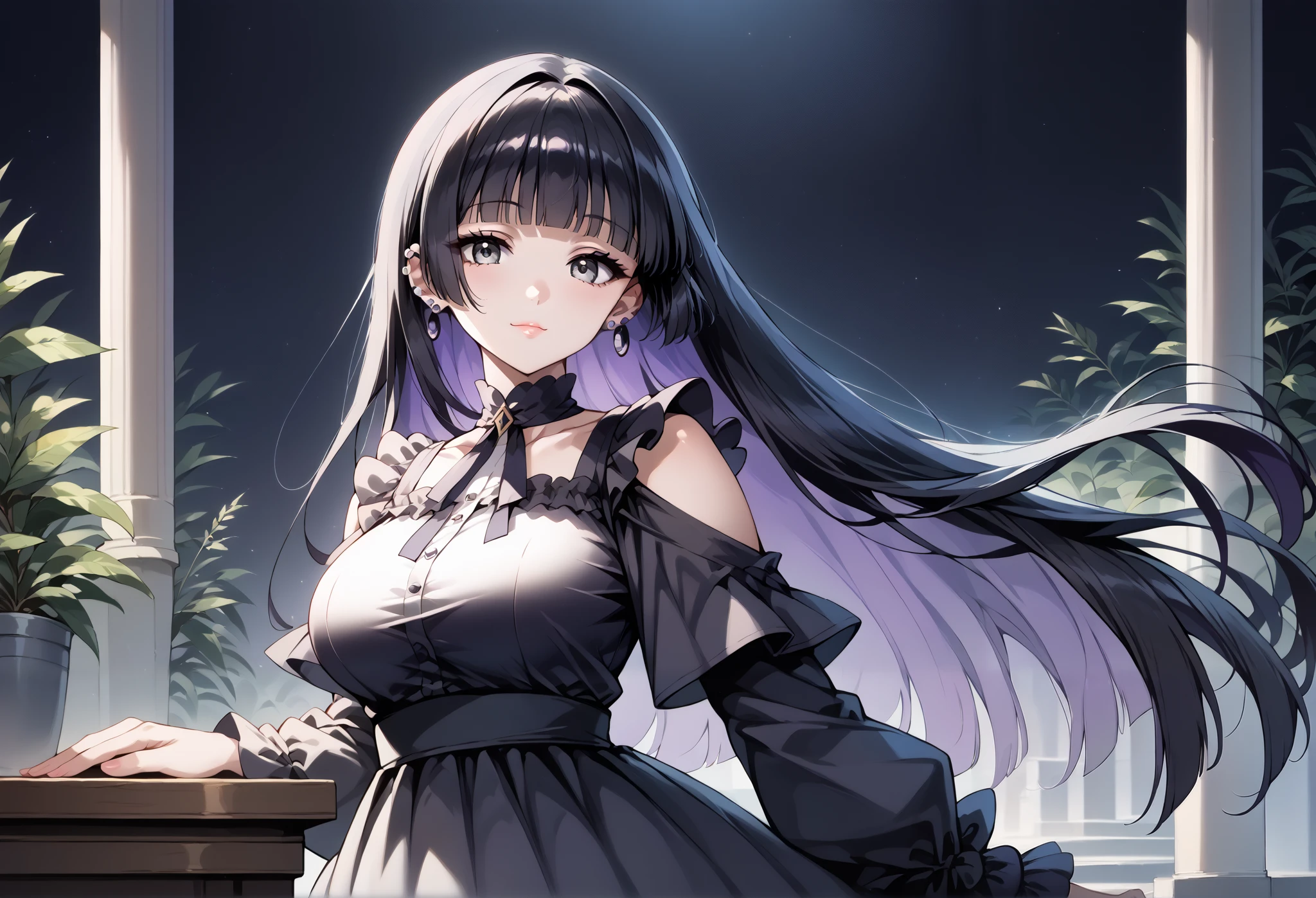 score_9, score_8_up, score_7_up, source_anime, 4K,perfect fingers,(perfect hands, perfect anatomy),prefect lighting, very aesthetic, intricate details,highly detailed background, masterpiece, high quality, best quality,
1girl,solo,pasan, pasan, ((black hair:1.5)), blunt bangs, blunt ends, chin piercing, colored inner hair, ear piercing, grey eyes, hime cut, long hair, medium bangs, multicolored hair, piercing, purple hair, ((large breast:1.5)),
wearing ((casual dress,frills,ornate clothing, )),,
looking at viewer,