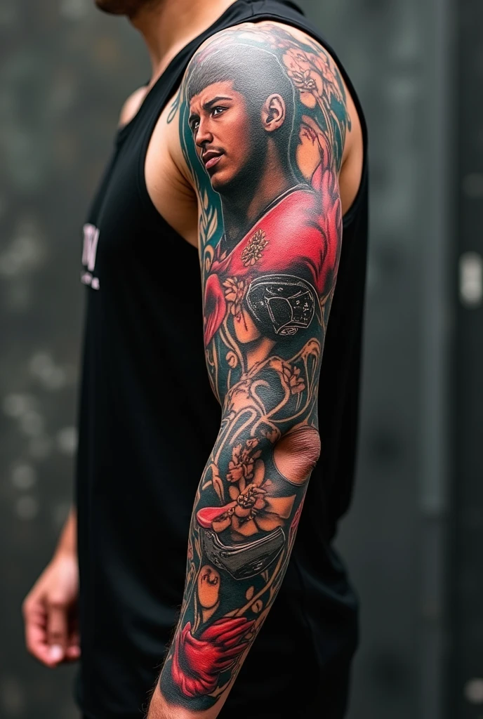 Young white man boxer , , military haircut, black hair, intense blue eyes, intense gaze, affiliated features, no facial hair, height 1.93, weight 93 kg, muscular build, broad shoulders, V-shaped body, tattoos , full body focus, completely hairless,