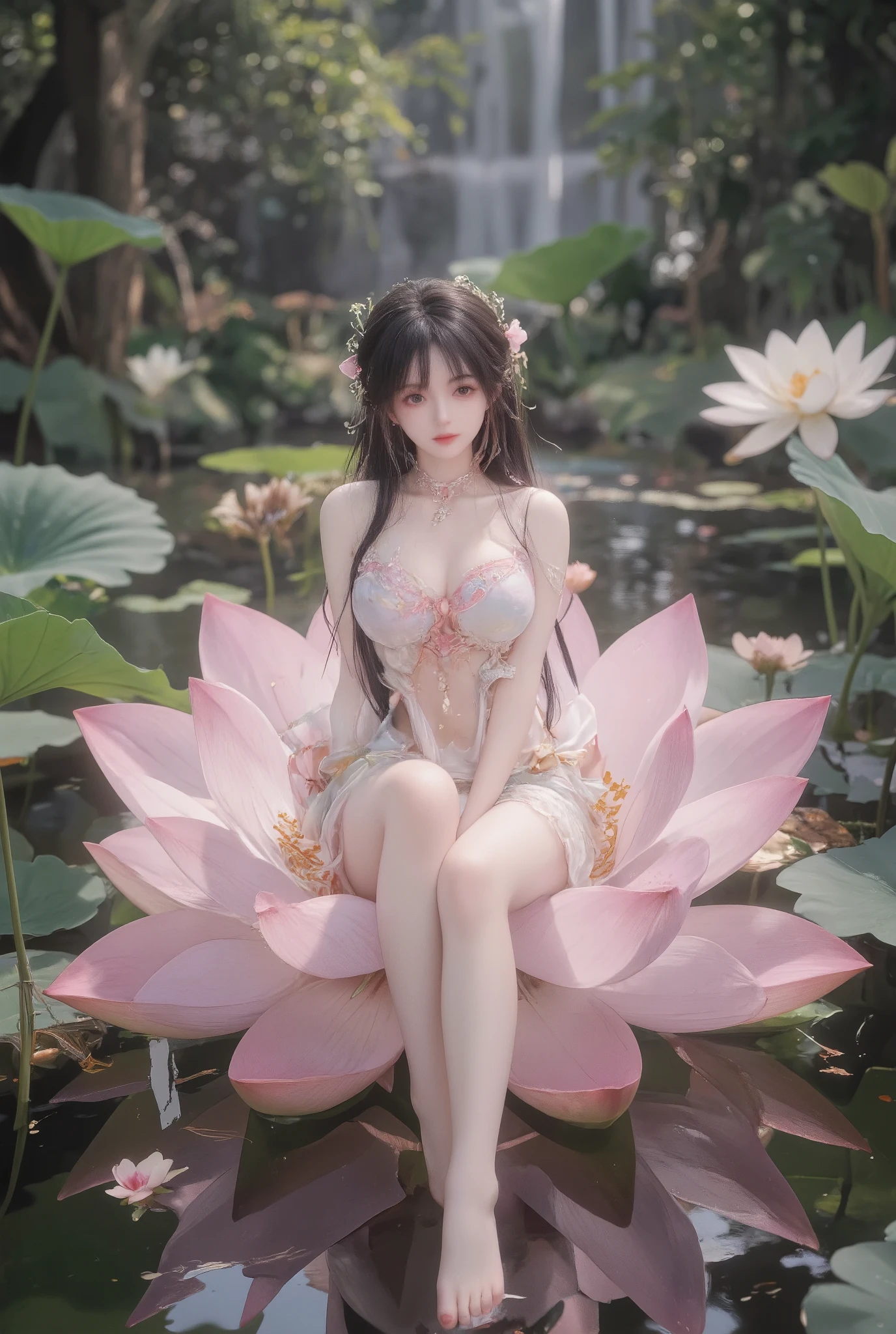 Girl sitting cross-legged on a giant lotus pink flower、Big Breasts、black hair、front、topless