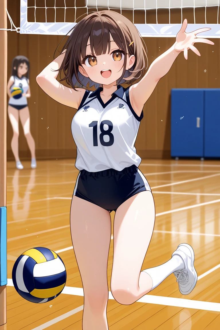 unity 8k wallpaper, anatomically correct, (((masterpiece))), (((best quality))), (((ultra detailed))), (((high-resolution))), ((super fine illustration)), ((Ultimate cutie)), ((detailed beautiful face)), ((perfect hands)), ((perfect finger)), (((good anatomy))), Solo, One girl, 17 years old, (potbelly), (Curve), medium breasts, ((thick thighs)), Shiny hair, ((evil smile)), (smirk), (blush)), BREAK, Adidas, (((Buruma))), (Sleeveless collared Volleyball Uniforms), head band, ((wristbands)), ((Kneepads)), white ball, BREAK, ((Hold a beautiful spherical 6-inch volleyball with both hands)), ((Sweat)), (perspired), (Heavy breathing), in gymnasium, in volleyball court, depth of field, strong light, ((Looking down)), cowboy shot