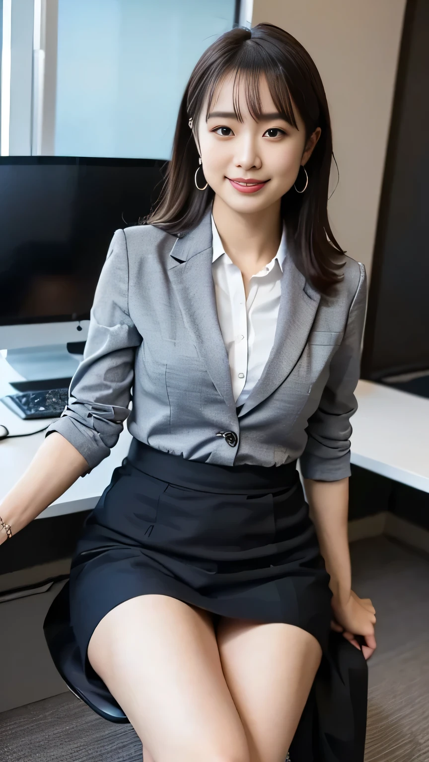 (Japanese office lady, 25 year old japanese woman:1.2), one woman, Extremely Beautiful Women, chair, ( gray business suit, black business suit, suit skirt:1.3), natural makeup, Beautiful Legs, simple earrings, At the company office, office with desk and chair, Office with Large Window