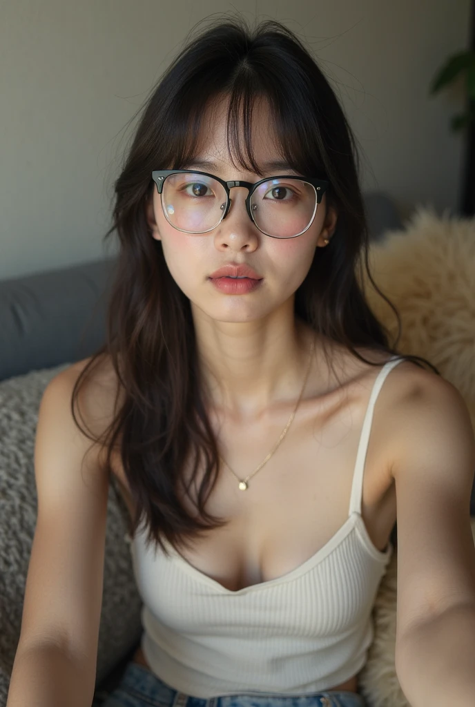 1girl, Cute, 20 years old, Look at viewer, photo, realistic, hire, Detailed face, Detailed background, Diffuse lighting, Shy, pleading eyes,dark hair, Short hair, Light smile, depth of field, Best quality, High resolution, UHD,cleavage, glasses, bedroom, bed, Japan idol, before kiss