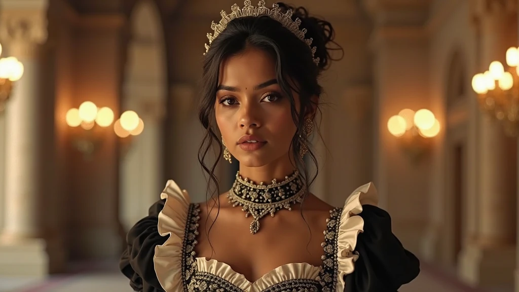 Cute mulatto girl in image of princess,big seductive eyes,proud pose,high detailes of face,detailed fingers. Masterpiece,The noble queen in stately and exquisite lime color royal satin wedding dress,decorated with Embroidery and jewelry,(large puff sleeves,big bust,seductive neckline),pearl necklace,earrings, extra-long gloves, makeup,voluminous crinoline,long perfect hair,raw photo,sharp focus,iso 100,depth of field on photo, bokeh
