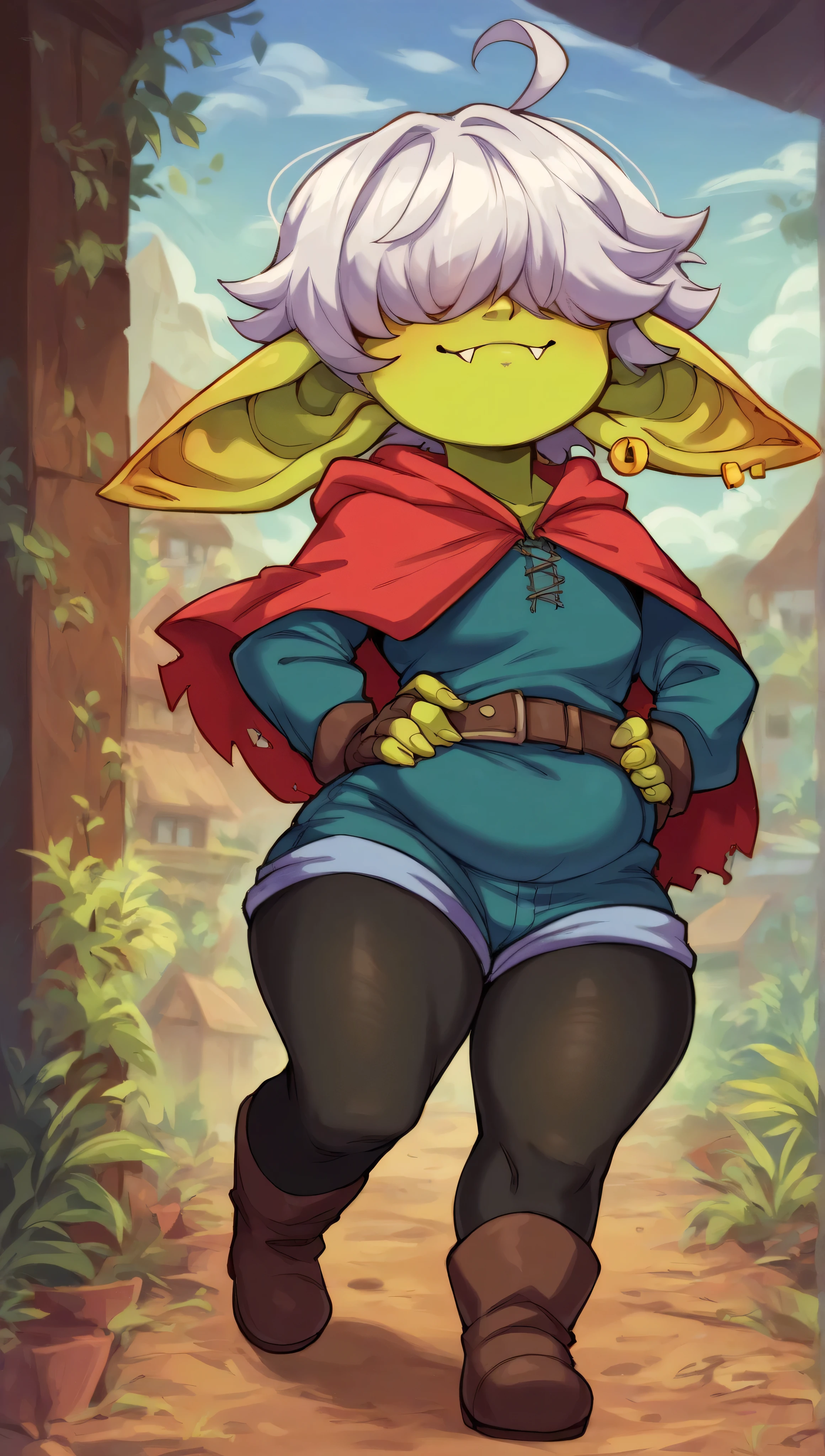 score_9, score_8_up, score_7_up, score_6_up, score_5_up, score_4_up, masterpiece, high quality, full body, 1girl, full body, GobGirl, green skin, short, ((chubby)), long ears, large ears, piercings, colored skin, monster_girl , 1girl, pointy ears, goblin, ((shortstack)), long pointy ears, earrings, fang, covered eyes, standing , looking at viewer , walking , ((short hair, messy and wavy hair, silver hair, long messy sidelocks, ahoge, hair strand)) , ((hair over eyes)) , tycoon rich merchant outfit , tunic, long sleeves , (short hooded capelet) , ((black pantyhose)) , (short shorts) , fingerless gloves , boots , ((mischievous look)) , playful smile , jewelry , hair ornament , closed mouth , hand on hips