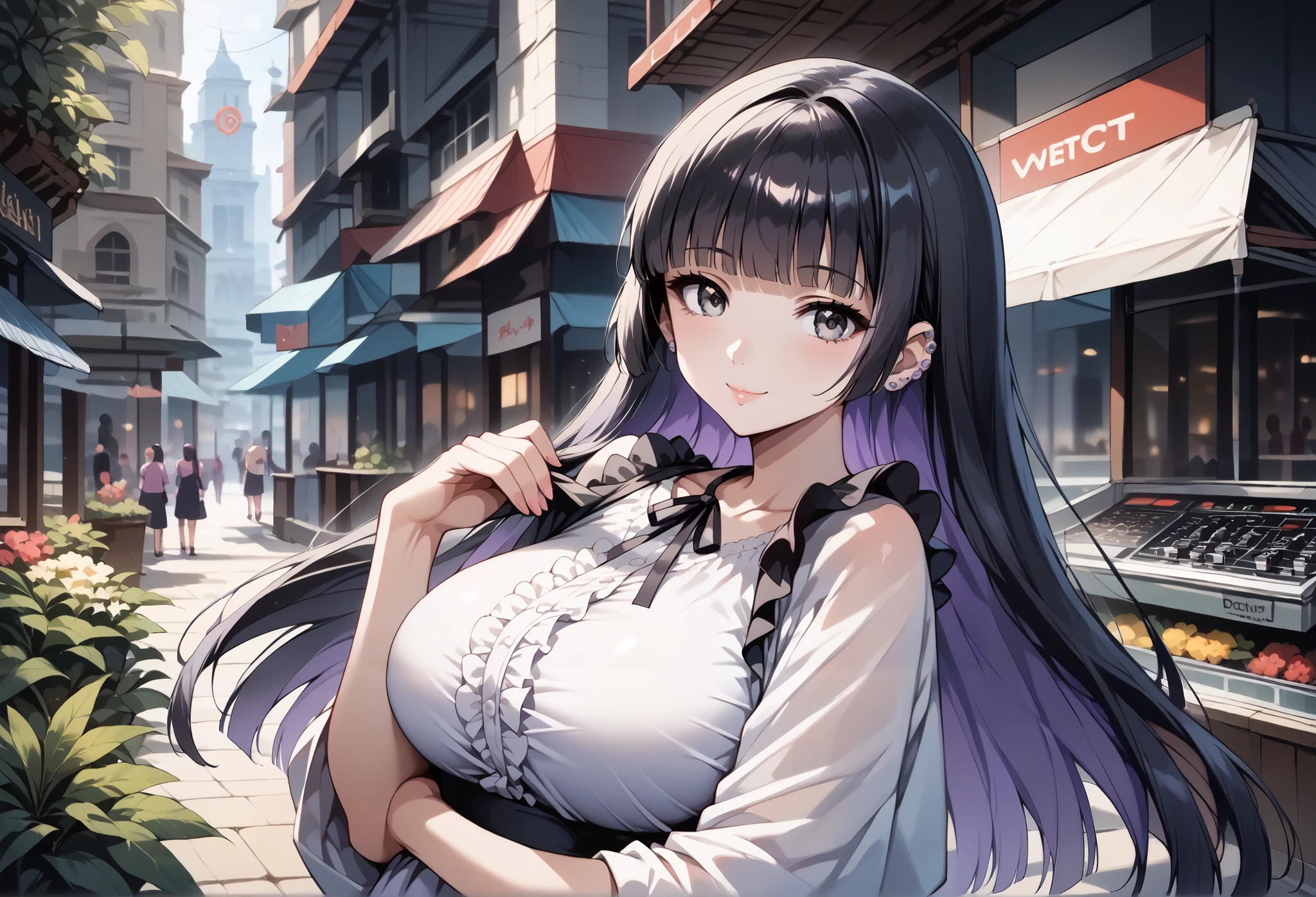 score_9, score_8_up, score_7_up, source_anime, 4K,perfect fingers,(perfect hands, perfect anatomy),prefect lighting, very aesthetic, intricate details,highly detailed background, masterpiece, high quality, best quality,
1girl,solo,pasan, pasan, ((black hair:1.5)), blunt bangs, blunt ends, chin piercing, colored inner hair, ear piercing, grey eyes, hime cut, long hair, medium bangs, multicolored hair, piercing, purple hair, ((large breast:1.5)),
wearing ((casual dress,frills,ornate clothing, )),,
looking at viewer, depth of field,