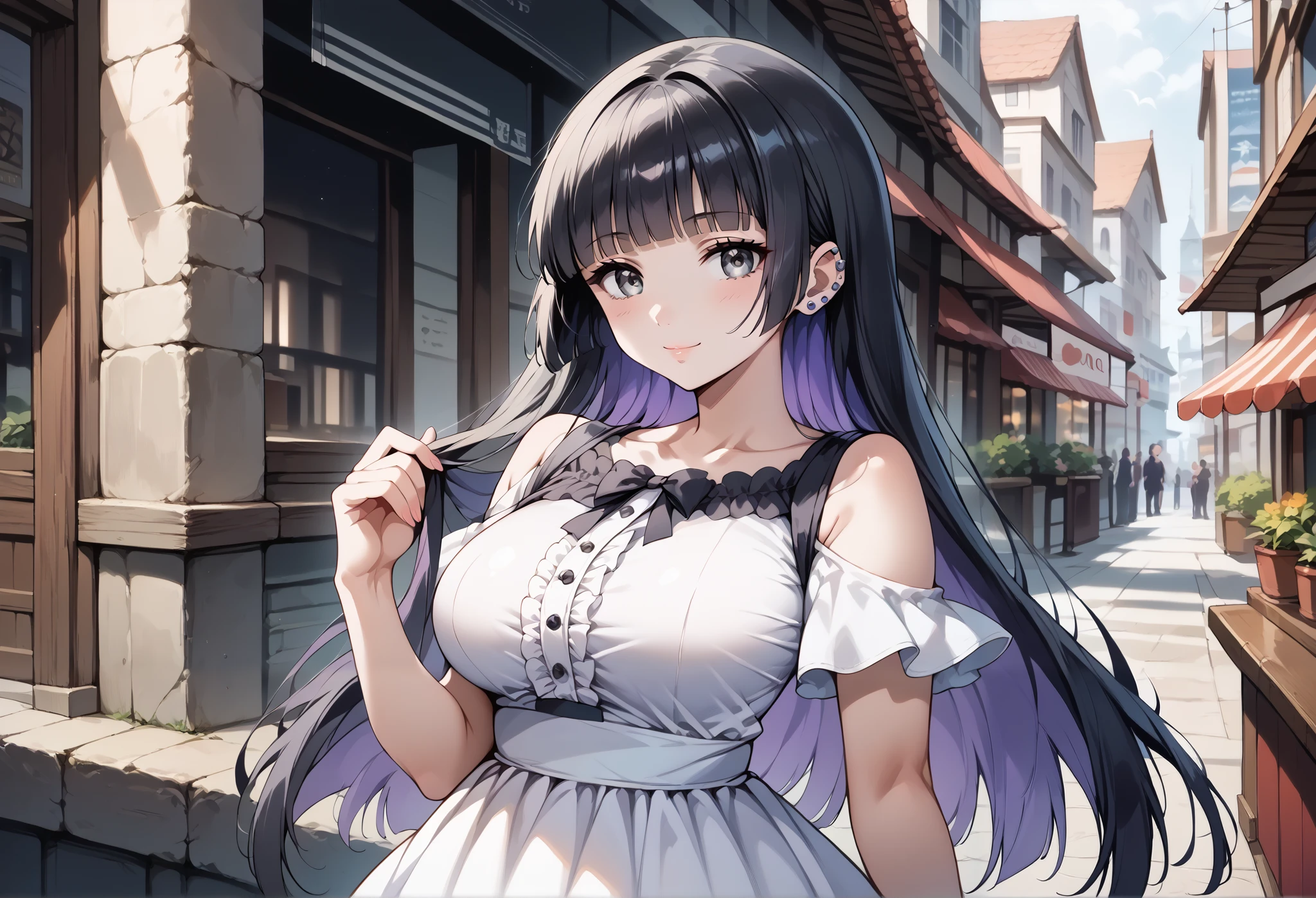 score_9, score_8_up, score_7_up, source_anime, 4K,perfect fingers,(perfect hands, perfect anatomy),prefect lighting, very aesthetic, intricate details,highly detailed background, masterpiece, high quality, best quality,
1girl,solo,pasan, pasan, ((black hair:1.5)), blunt bangs, blunt ends, chin piercing, colored inner hair, ear piercing, grey eyes, hime cut, long hair, medium bangs, multicolored hair, piercing, purple hair, ((large breast:1.5)),
wearing ((casual dress,frills,ornate clothing, )),,
looking at viewer, depth of field,