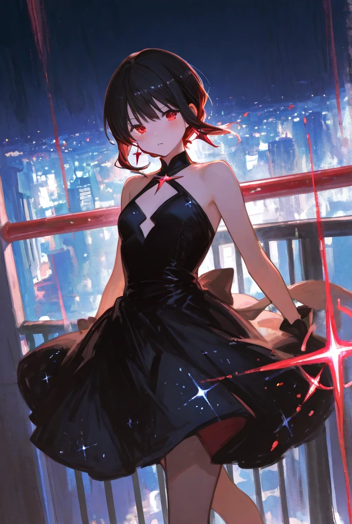 (masterpiece,best quality, detailed), 1girl, solo, outdoors, night, rooftop, cityscape, smile, open mouth, full body, standing on one leg,
oshino ougi, bare shoulders, black dress, elbow gloves, black bowtie, black thighhighs, two-sided skirt, (colored inner hair)
