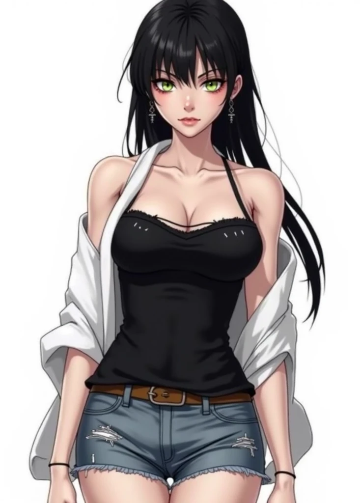 masterpiece,stunning realistic,best quality,sharpness,sharp face,smil，Rot im Gesicht sein，Photo of the upper body
black long hair，purple eyes,big ,tanktop,cargopants with many pockets,black cloak,silver necklace,silver chain,black gloves