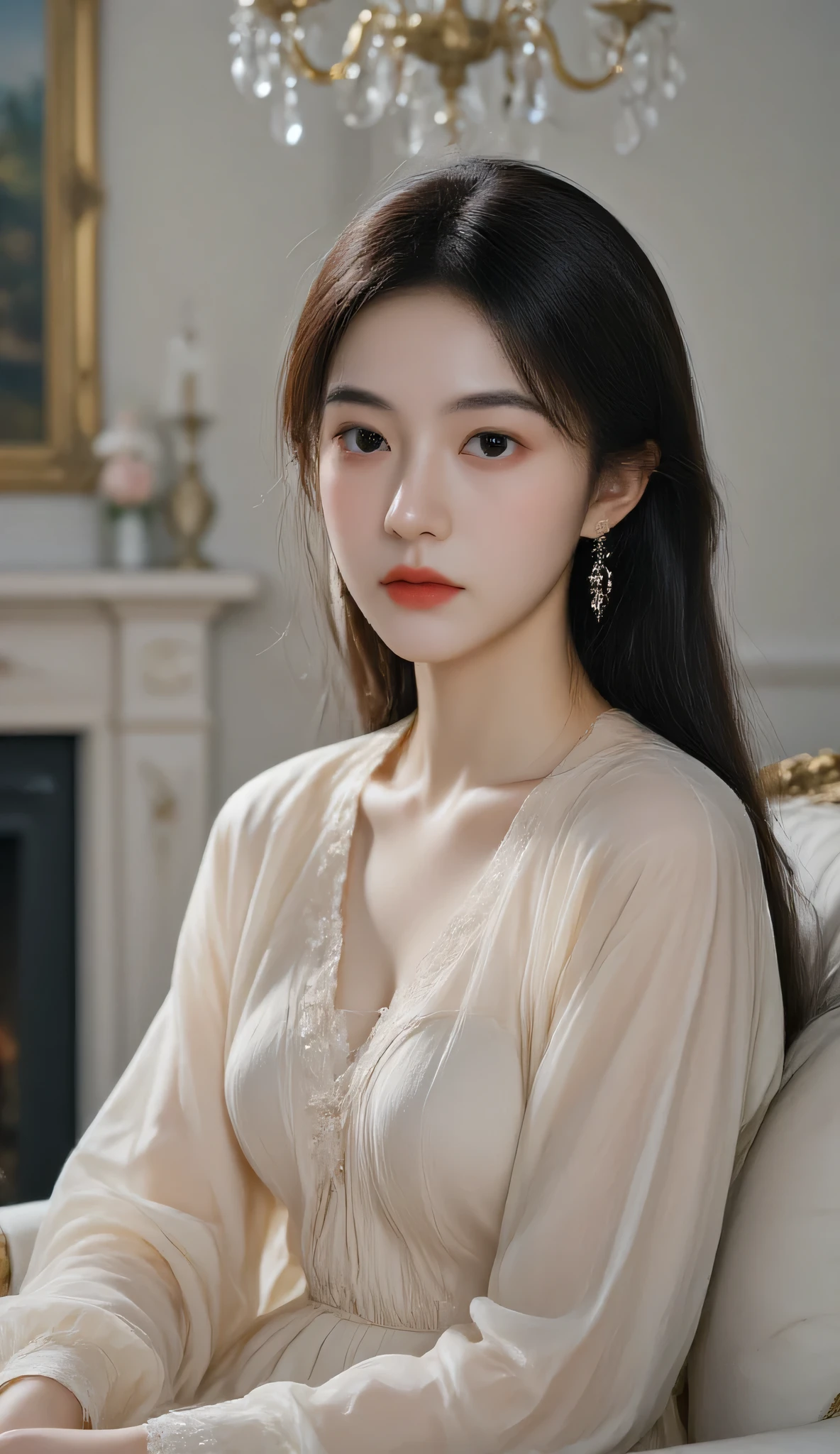 masterpiece, best quality, super fine details , 8k resolution, HD, Realistic light and shadow, film texture, The shadow part shows a delicate dark brown gradation,crystal chandeliers hanging on the ceiling,Decorate the space,The translucent effect of an elegant woman wearing a long dress,sits comfortably on a velvet sofa,soft lighting shrouded scene, Classical fireplace、Persian carpet、 silk curtain 、gold-plated decorative mirror and oil painting,with a garden view,coffee table with antique tea utensils and flowers, Long-range shooting,The entire living room space,Focus on the sofa and feminine posture,A very luxurious European classical style living room {x} The deep view slightly blurs the background details but still preserves the ambient atmosphere,highlights the luxury of the characters and scenes, realistic photography style, classical European aesthetics, cinematic lighting, warm gold tones intertwined with cream,crystal lamp reflects soft light,Decorate the space,The fireplace fire adds a warm orange-red color to the picture, PBR material, The delicate texture of a velvet sofa, The cold luster of marble, uneven texture of solid wood carvings, The translucent effect of silk curtains, HDR