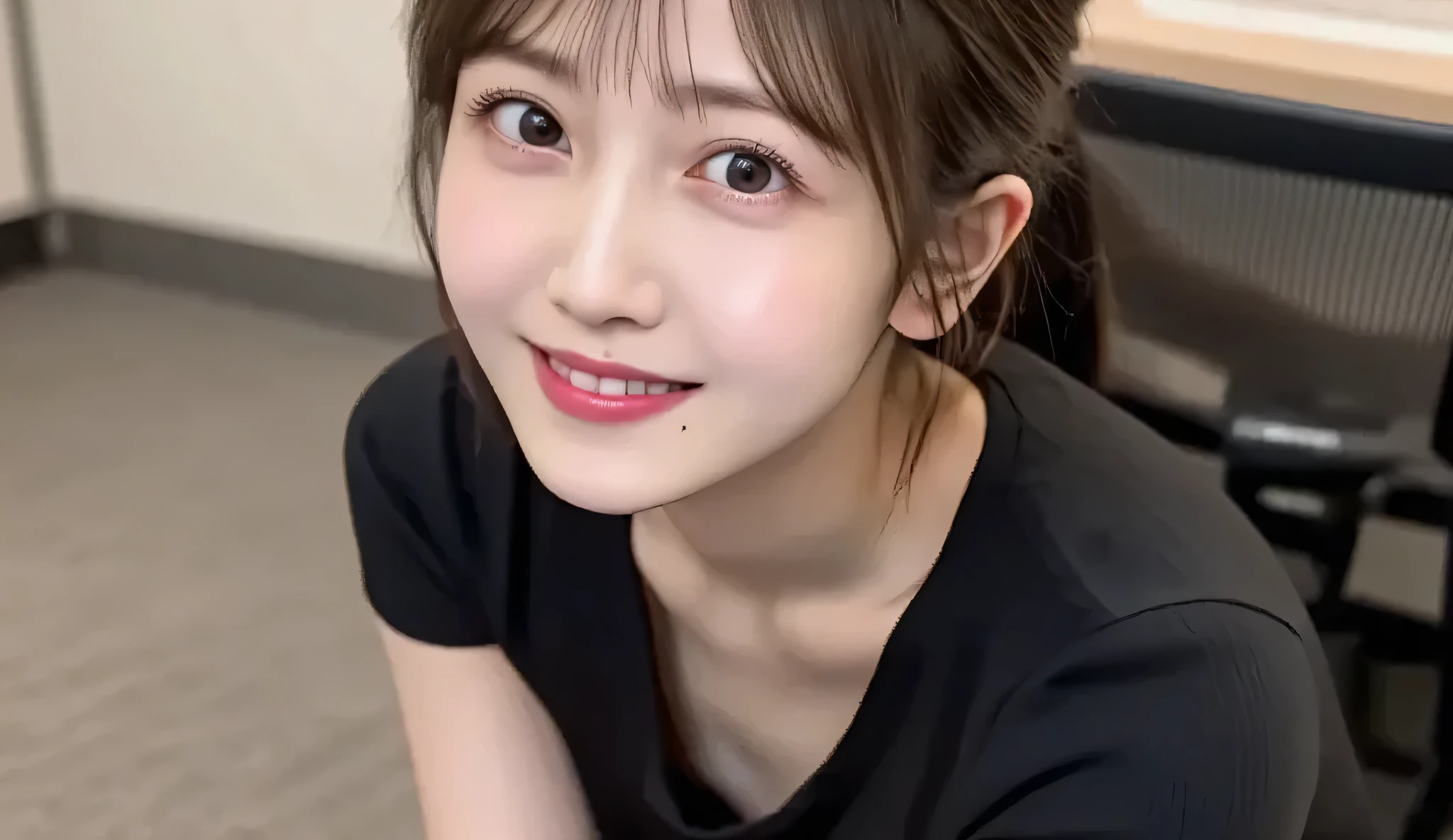 Take a picture of facial expressions、 black blouse、( with urine :1.3)、(oversized t-shirt、loose fit t-shirt that makes your nipples look soft、Low-cut T-shirt:1.2)、(top quality、8k、32K、masterpiece)、(Detailed Bra)、Japanese、28 year old、very beautiful woman、a beauty women、 crouches、 has a bright smile、 is wearing clothes 、Shiny Skin、shot from above、office、 nice smile、camera with my mouth open