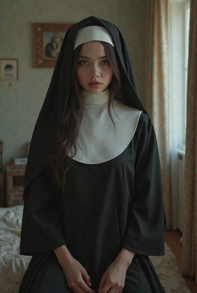 Nun Girl, Perfect face, perfect body, body shot: 1.3, Ultra details on beautiful face, Hair to the wind, ultra details, 8k, closeup on her big round breasts, background inside a church
