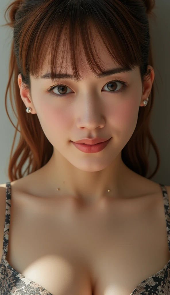 Photo Real、Realistic 、{Straight hair、ponytail}、Blunt bangs ,Droopy eyes、、Plump Cheeks、Round face contour 16 years old:smile、{{White Bra and pink panty}}, Enjoy the facial expressions、Laughter expression、Low length、vagina、Female organ、、 Boldly open your legs、Normal bit、