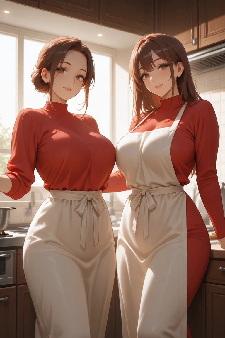 (8K ,hyper-detailing,A masterpiece of hyper-realistic photography,natural,Perfect artwork,Perfect female body),Two cute busty girls),Neat and clean kitchen,Virtual Showcase,Red similar hairstyle,Cute and beautiful girl,Vacuum apron,loose apron,aprons,Put on an apron,embedding,cool apron,larger lines,slovenly,stretch the meat,marmalade,The kinky exposed ,titmouse,Full body photo