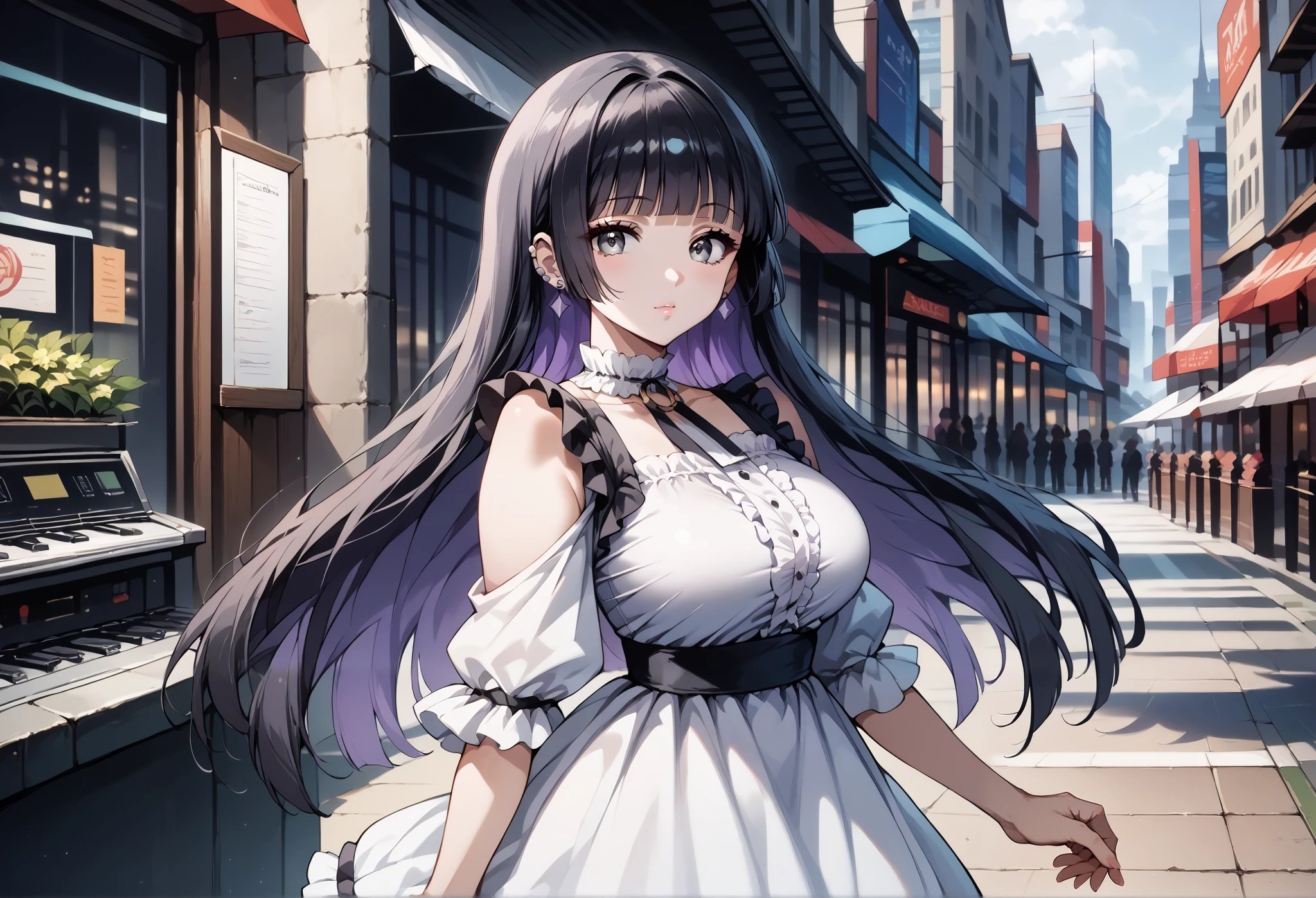 score_9, score_8_up, score_7_up, source_anime, 4K,perfect fingers,(perfect hands, perfect anatomy),prefect lighting, very aesthetic, intricate details,highly detailed background, masterpiece, high quality, best quality,
1girl,solo,pasan, pasan, ((black hair:1.5)), blunt bangs, blunt ends, chin piercing, colored inner hair, ear piercing, grey eyes, hime cut, long hair, medium bangs, multicolored hair, piercing, purple hair, ((large breast:1.5)),
wearing ((casual dress,frills,ornate clothing, )),,
looking at viewer, depth of field, looking at the audience,