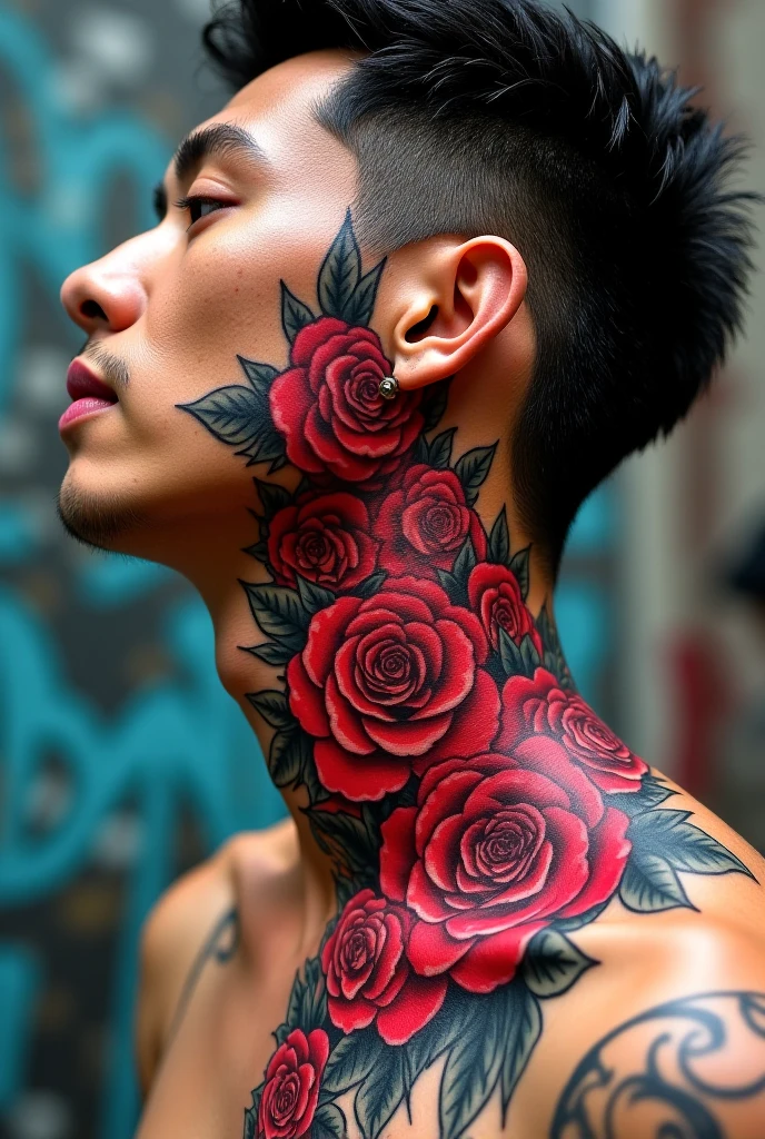 Create me a Japanese tattoo design for the entire neck combined with geometric lines