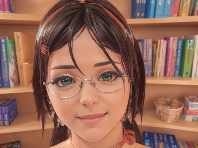 (realistic1.3), 3d, 1girl, cgi, octane render ,ambient occlusion, xyzcrystal, twintails, completely nude, round glasses, red rimmed eyewear, <lora:Crystal2:0.8>, headshot, portrait, looking at viewer, brown eyes
