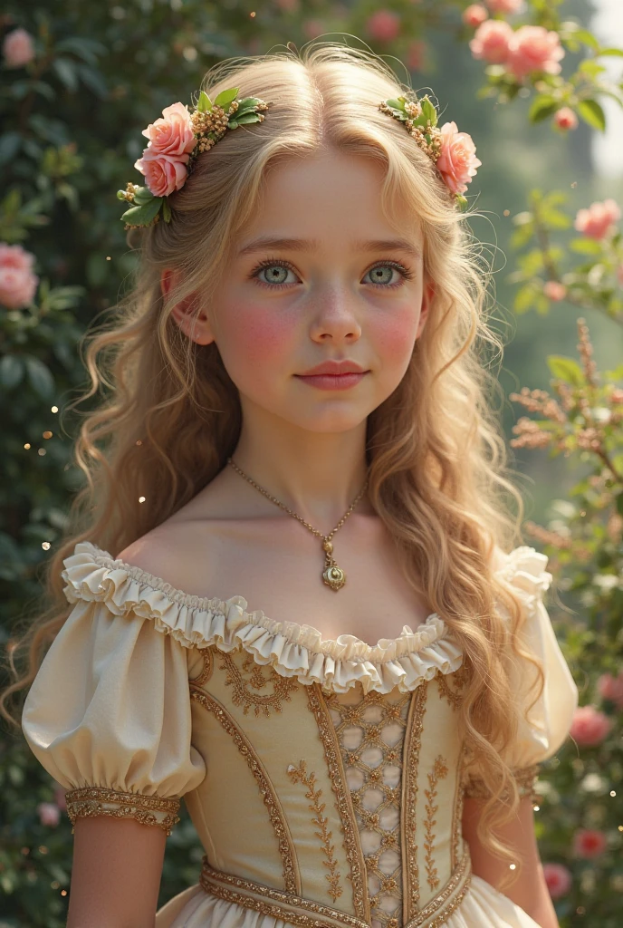 A 6-year-old beautiful girl painted in an oil painting style reminiscent of an impressionist painting.。She is fair-skinned and、With long blonde hair、She is wearing a gorgeous Rococo dress.。
The backdrop is a magnificent, gorgeous, cinematic palace。Gentle light Garden.She is looking at me and smiling。
She is dancing.