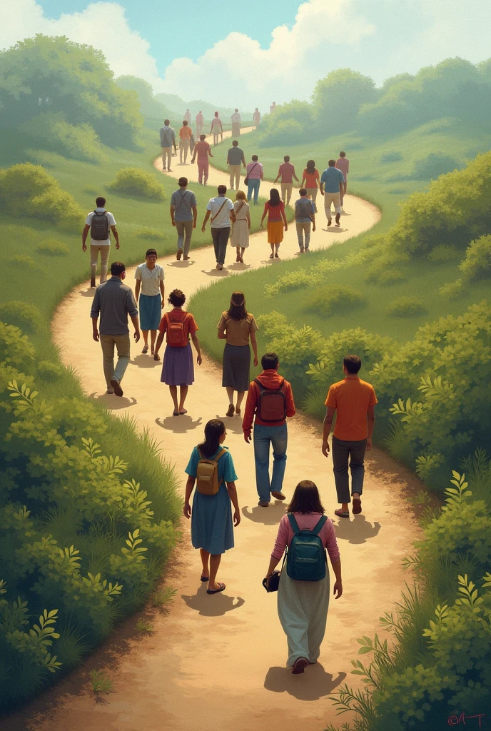 People of various types going down the same path - SeaArt AI