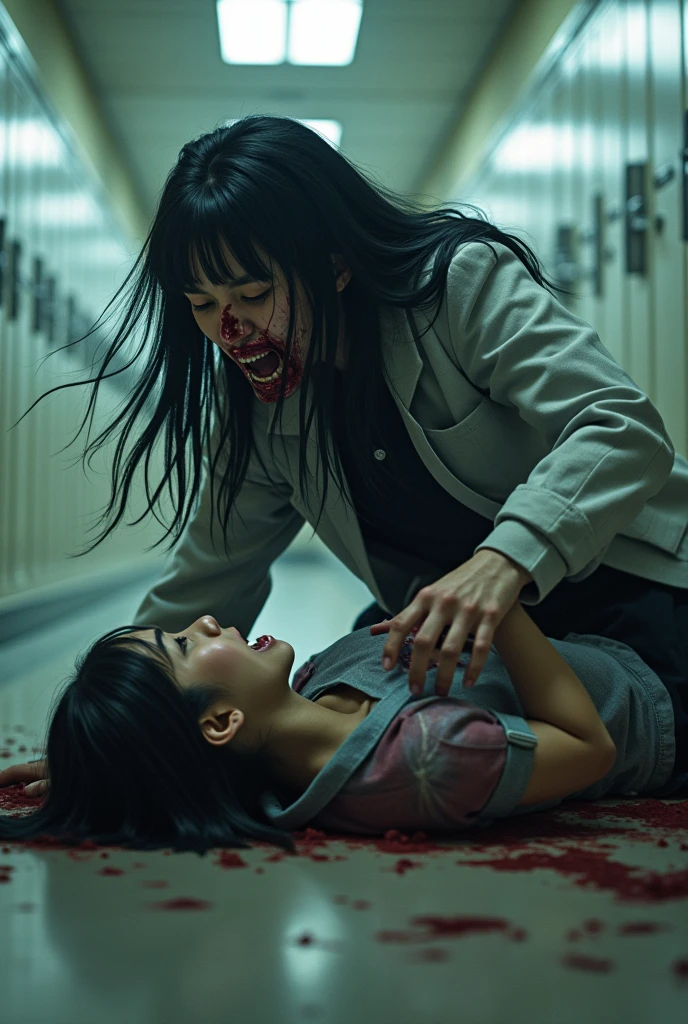 A undead female nurse takes a selfie next to a mummified patient lying on a bed, in the background a dilapidated and disturbing hospital room