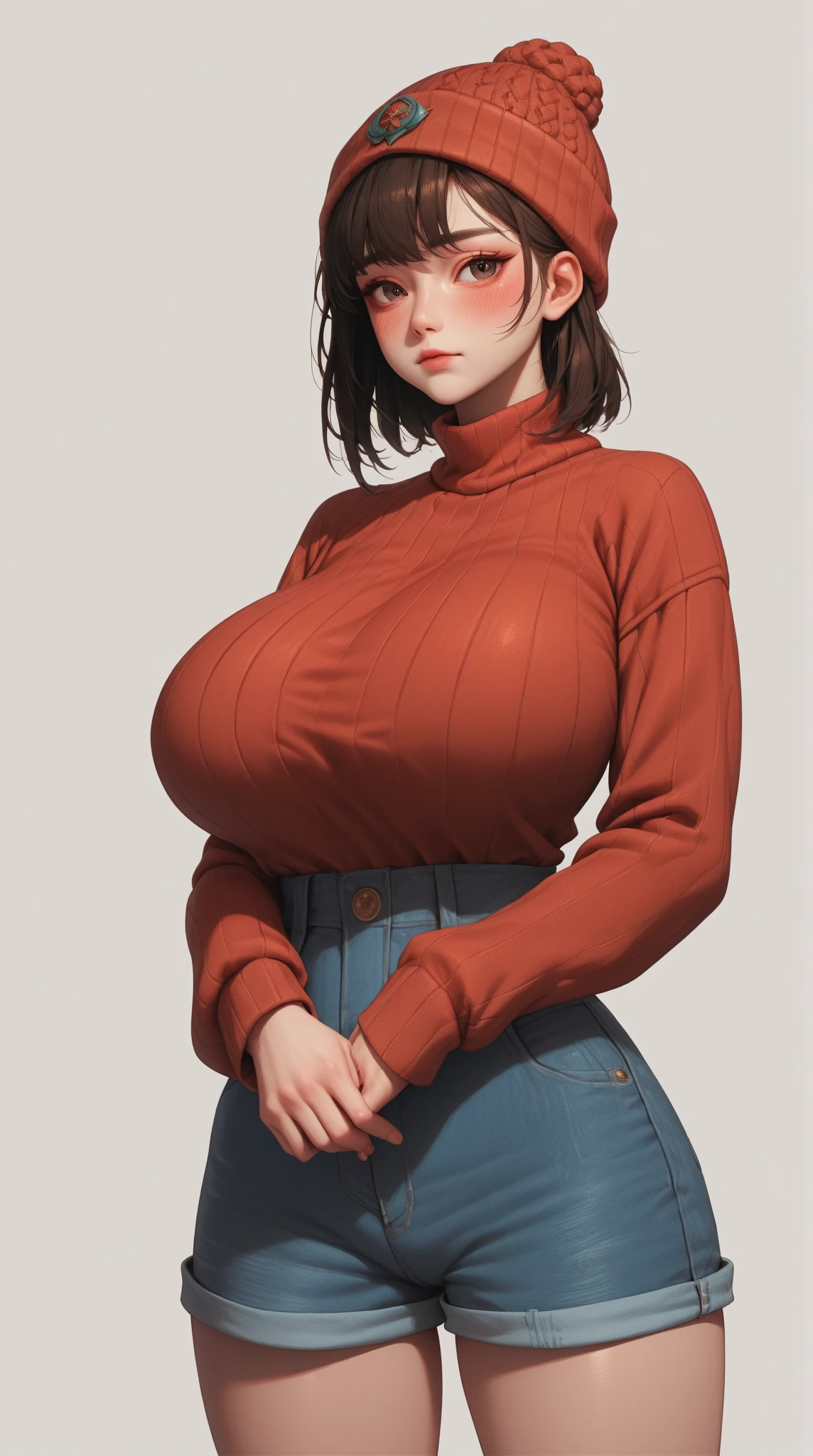 A tall skinny woman with 4 breasts. In a living room. Enormous breasts. Thin gorgeous face. Low-neck sweater, deep cleavage. Gentle. Enormous breasts. Giant erect nipples. Massive breasts. Enormous breasts. Tall. Straight short maroon hair. Mature, wife. Extremely huge fake round tits. Grabbing breast, squeezing nipple. Enormous breasts, massive oversized breasts.