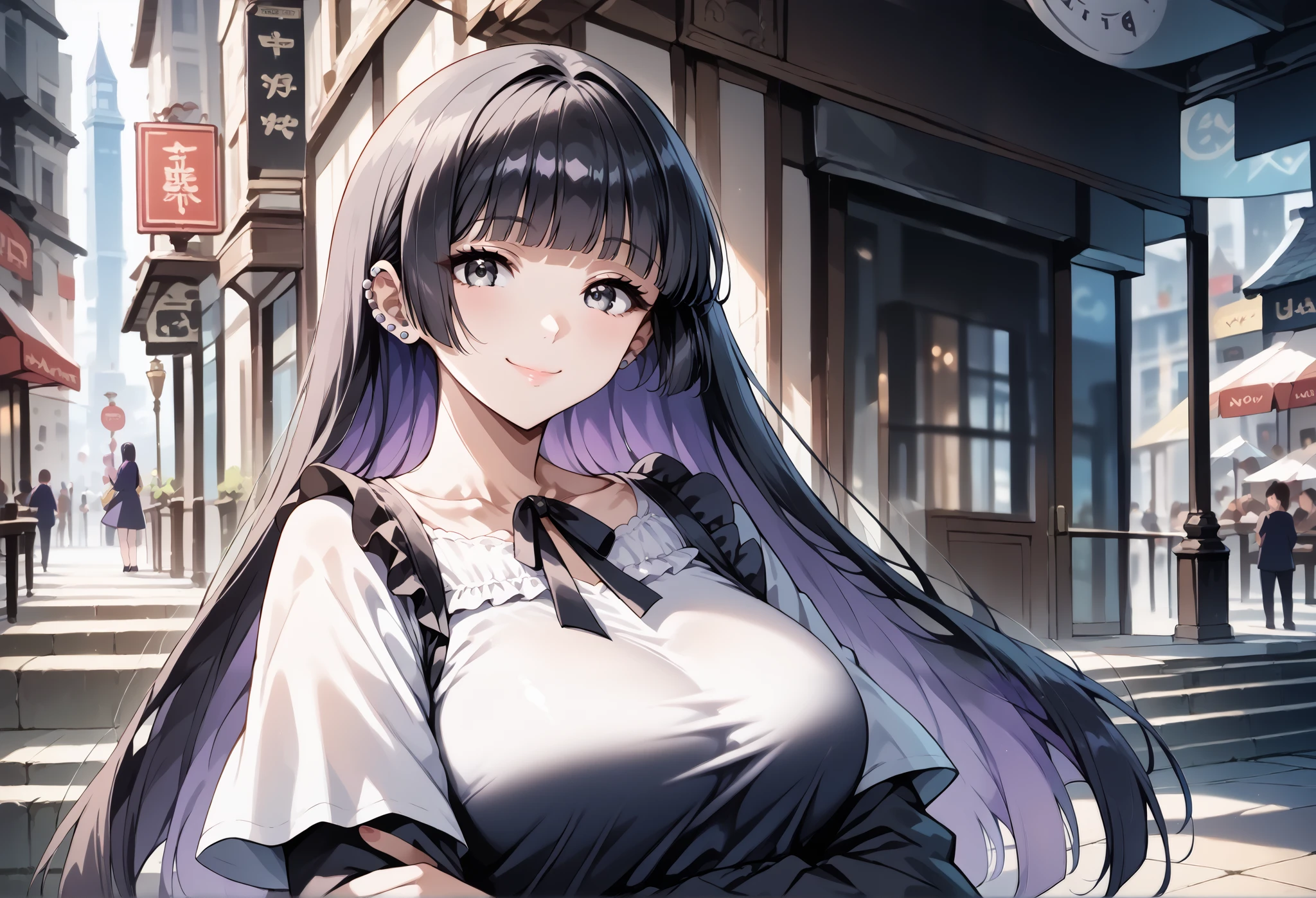 score_9, score_8_up, score_7_up, source_anime, 4K,perfect fingers,(perfect hands, perfect anatomy),prefect lighting, very aesthetic, intricate details,highly detailed background, masterpiece, high quality, best quality,
1girl,solo,pasan, pasan, ((black hair:1.5)), blunt bangs, blunt ends, chin piercing, colored inner hair, ear piercing, grey eyes, hime cut, long hair, medium bangs, multicolored hair, piercing, purple hair, ((large breast:1.5)),
wearing ((casual dress,frills,ornate clothing, )),,
looking at viewer, depth of field, looking at the audience, a little smile,