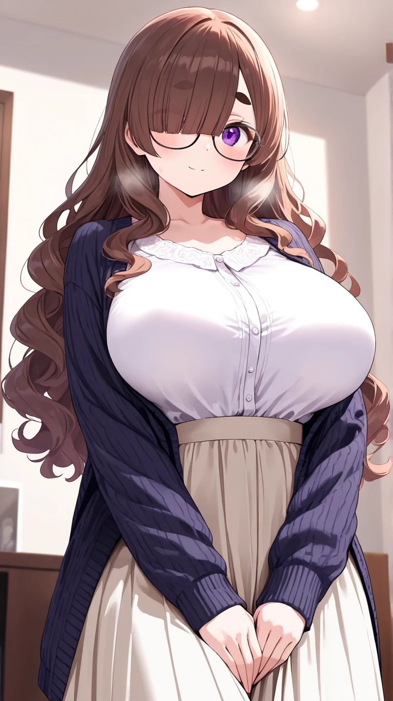 nozomitoujou, nozomi toujou, green eyes, brown hair, curly hair, large breasts, masterpiece, best quality, high resolution, beautiful detailed eyes, extremely detailed face, good lighting, detailed CG, glossy lips, thigh highs, dressing gown, sleepy, mouth open, yawn, messy hair, standing, hand in front of mouth, one eye closed