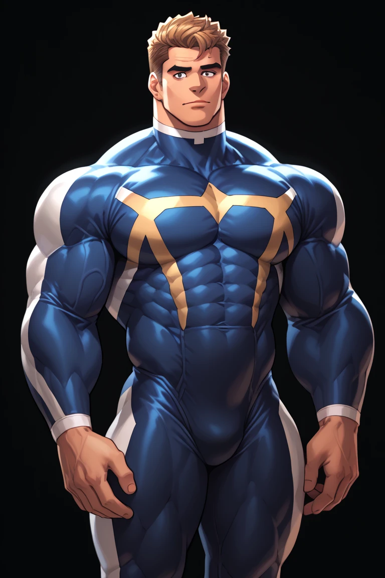 allmight, my hero academia, from front, super fine, bodysuits, lower body shot, middle-aged man, hunk, tight bodysuit, looking down and mouth wide open with shocked face, crotch get pinched by many people, crotch squeezed by many people,