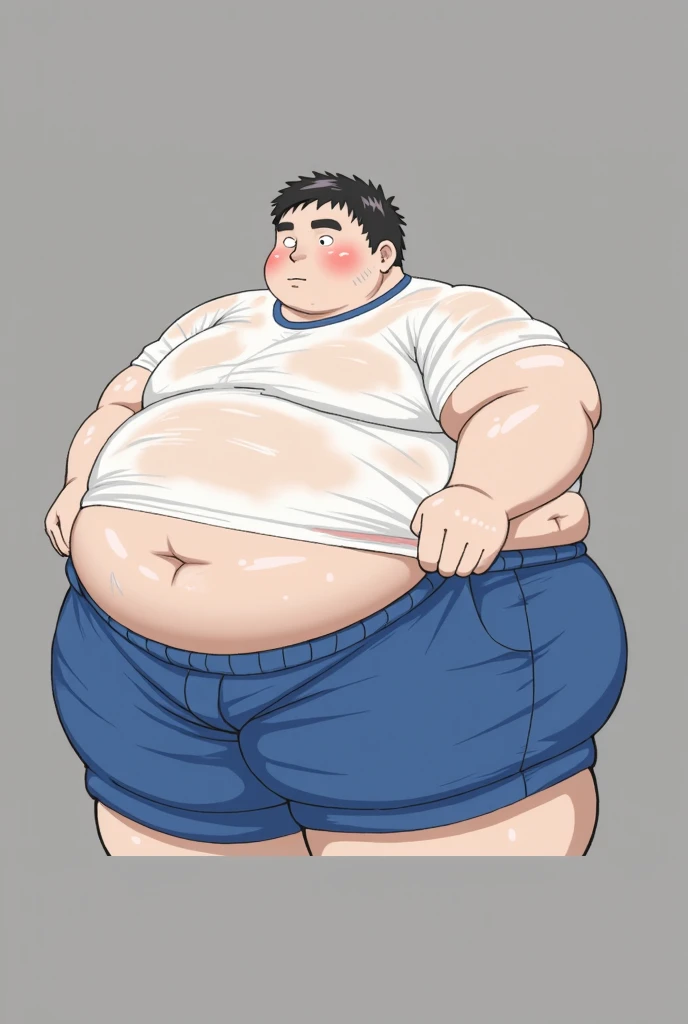 A fat man,Big eyes,Black round glasses,short hair,Round inches,Big round face,Very large and well-developed chest muscles,Big full belly,Standing under the glass window curtains,The upper body is bare,Wearing briefs with bulge in the crotch,Oriental male,Full body front view