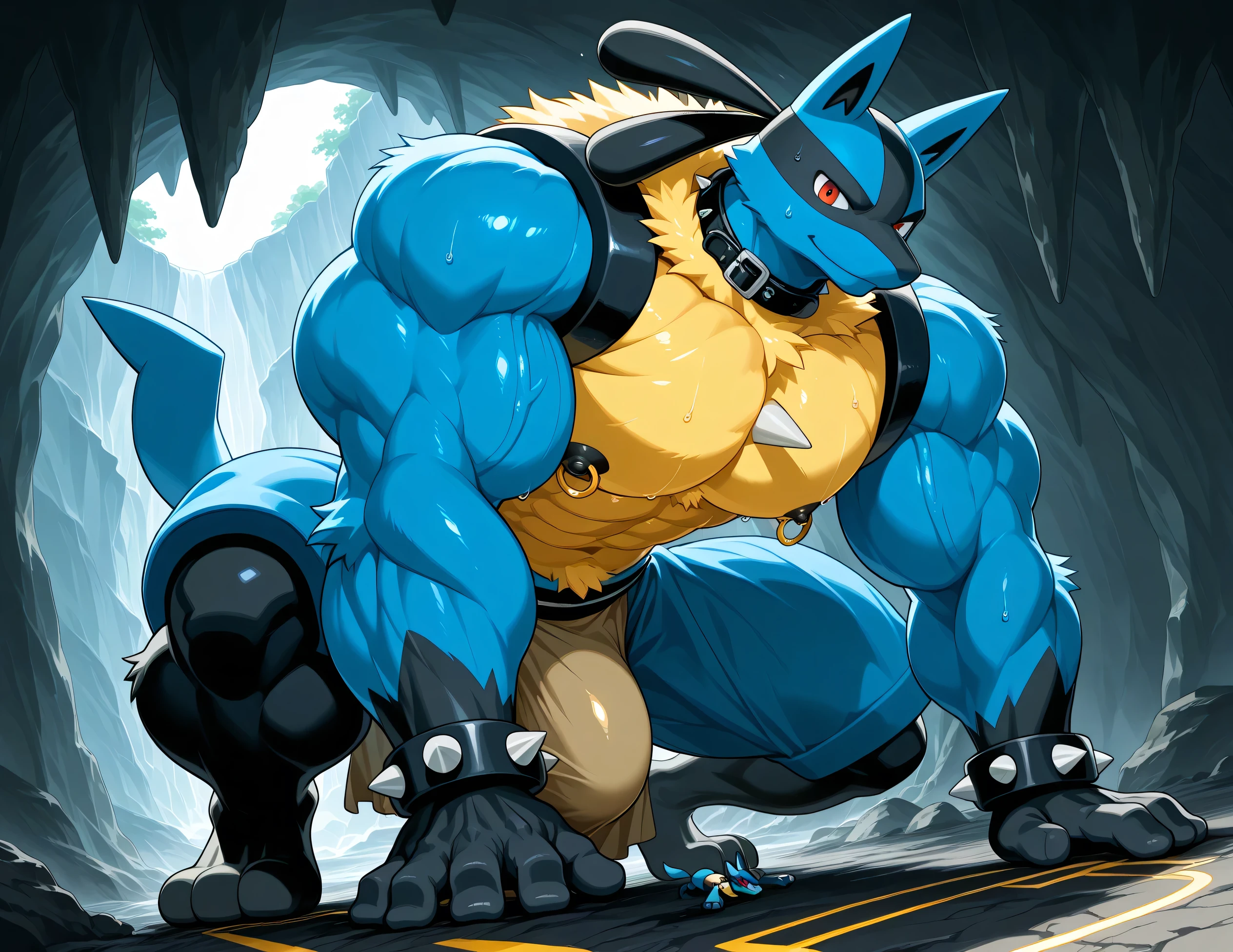 detailed background, low view, side view, cave, dutch angle, close up, solo BREAK score_9_up,score_8_up,score_7_up,score_6_up,score_5_up,score_4_up BREAK kemono, bara, furry, 1boy, anthro, lucario, Blue Fur, Chest Spike, Red Eyes, yellow chest fur with thicker patches on the collar, Spike on Hands, Two tone fur huge muscular, male, macro, black collar on neck, tail, male, bedroom eyes, serious, smile, sweaty, huge worn out brown loincloth, huge bulge in worn out brown loincloth, looking at viewer, huge black nipples, huge gold nipple rings, doing push ups