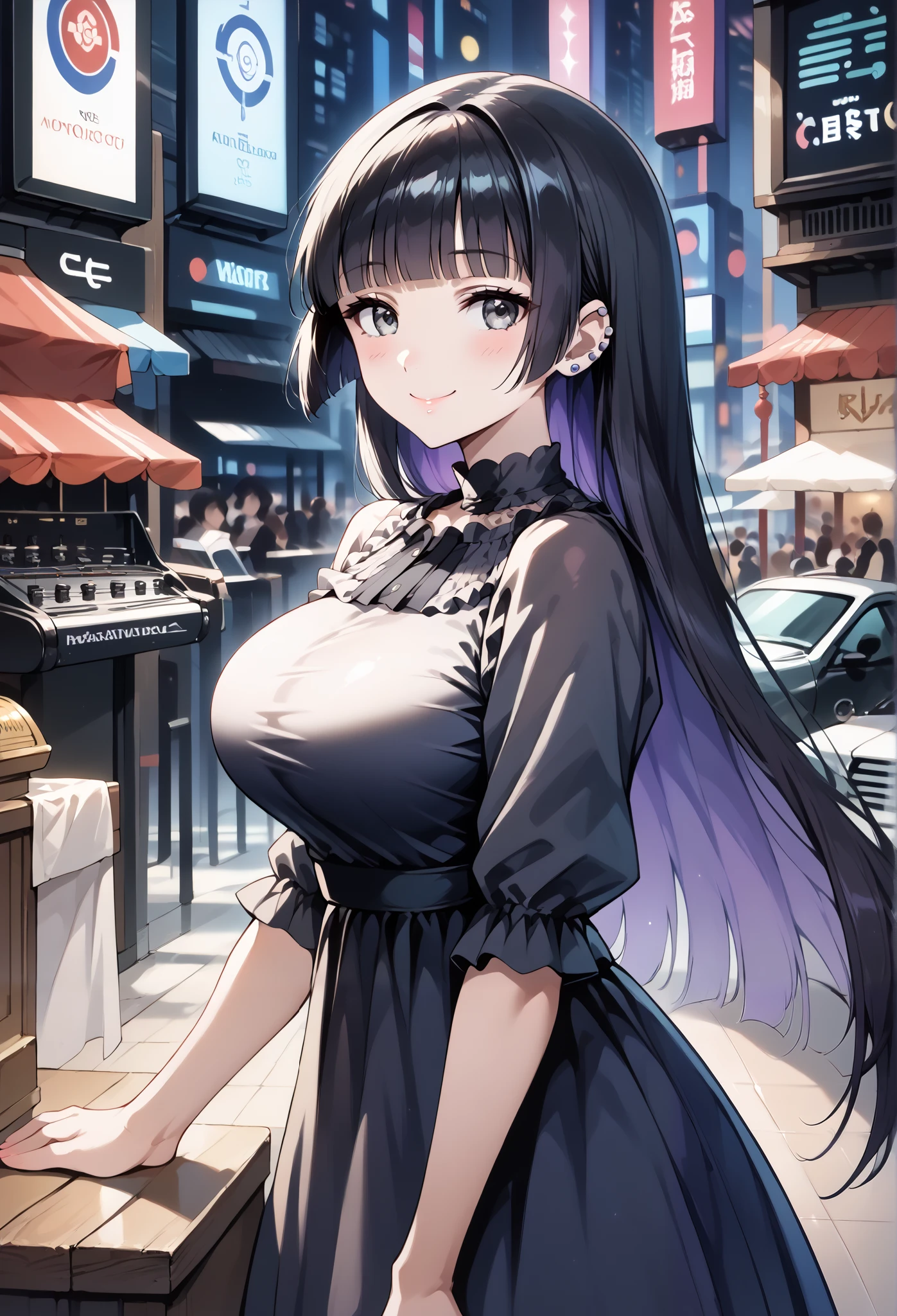 score_9, score_8_up, score_7_up, source_anime, 4K,perfect fingers,(perfect hands, perfect anatomy),prefect lighting, very aesthetic, intricate details,highly detailed background, masterpiece, high quality, best quality,
1girl,solo,pasan, pasan, ((black hair:1.5)), blunt bangs, blunt ends, chin piercing, colored inner hair, ear piercing, grey eyes, hime cut, long hair, medium bangs, multicolored hair, piercing, purple hair, ((large breast:1.5)),
wearing ((casual dress,frills,ornate clothing, )),,
looking at viewer, depth of field, looking at the audience, a little smile,