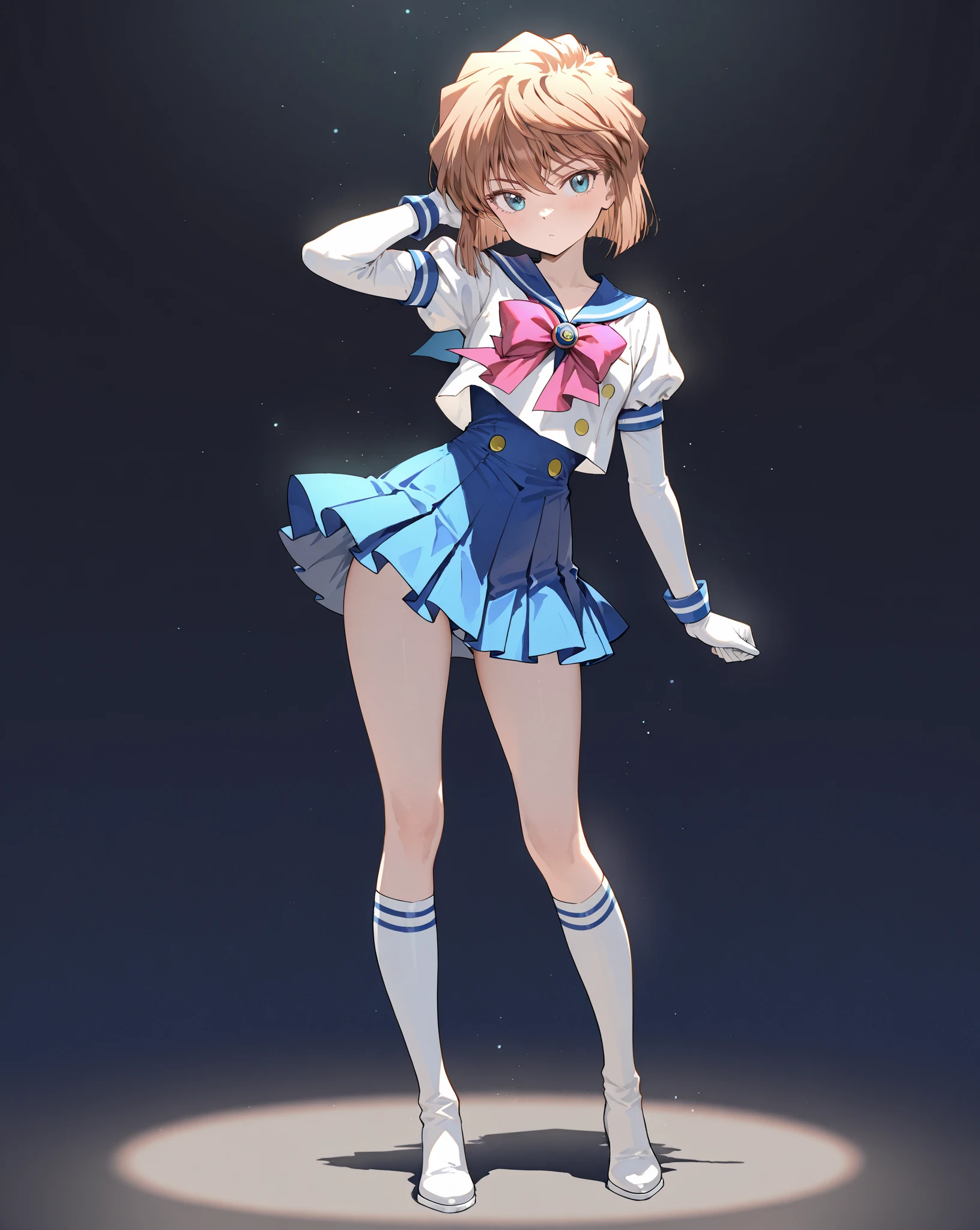 (Chibi:1.2),masterpiece,highest quality,original,official art,full body,1 cute girl,beautiful eyes,wearing ,sailor moon style,alone,dynamic pose,blurred background,dark brown short hair、detailed hands