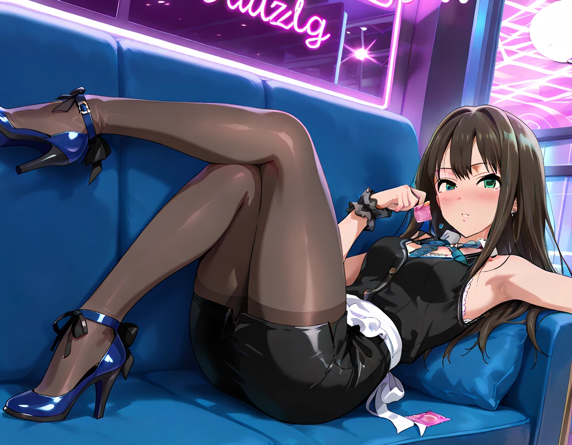 ((Raw photo、highest quality、High resolution、Ray tracing、nffsw、highest quality、precision processing、Portrait,3D,pureerosface_v1:0.7、)、(( shiny red leather bondage、dark red BDSM、Bold、long tight skirt、１Girl of Man,)))((((Wave Hair、cleavage emphasis、big breasts:4.0、thin legs、blue eyes、Detailed depiction of limbs、small nose、perfect body、No sleeve、full body figure、high heels、18-year-old,))))、universe,