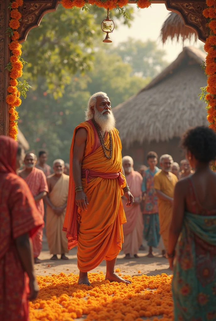 Village Celebration**: Villagers surrounding the sage and Ashvak, showering them with flower petals and garlands, joy and relief evident on everyone’s faces.