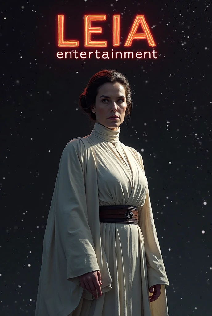 Photo of Princess Leia Organa with neon sign that says "winter is coming"