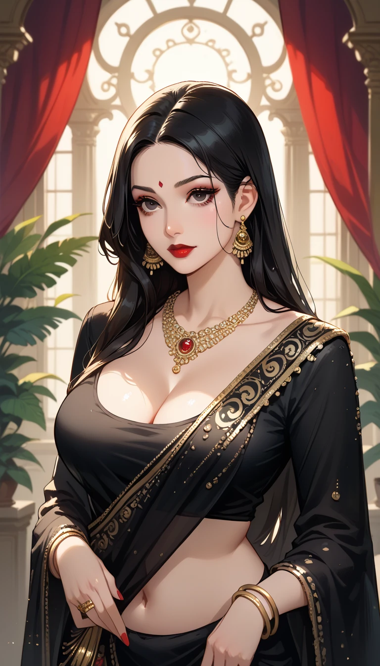a beautiful mature woman in black saree, wavy silky black hair in ponytail, detailed alluring eyes, beautiful detailed lips, full sleeve blouse, long earrings, smiling with red lipstick, saggy breasts, holding flower in head, mehendi on hands, necklace, bangles, waist jewelry, leg chains, cinematic composition, dramatic lighting, vibrant colors, hyper detailed, photorealistic, masterpiece, 8k, cleavage, seductive pose