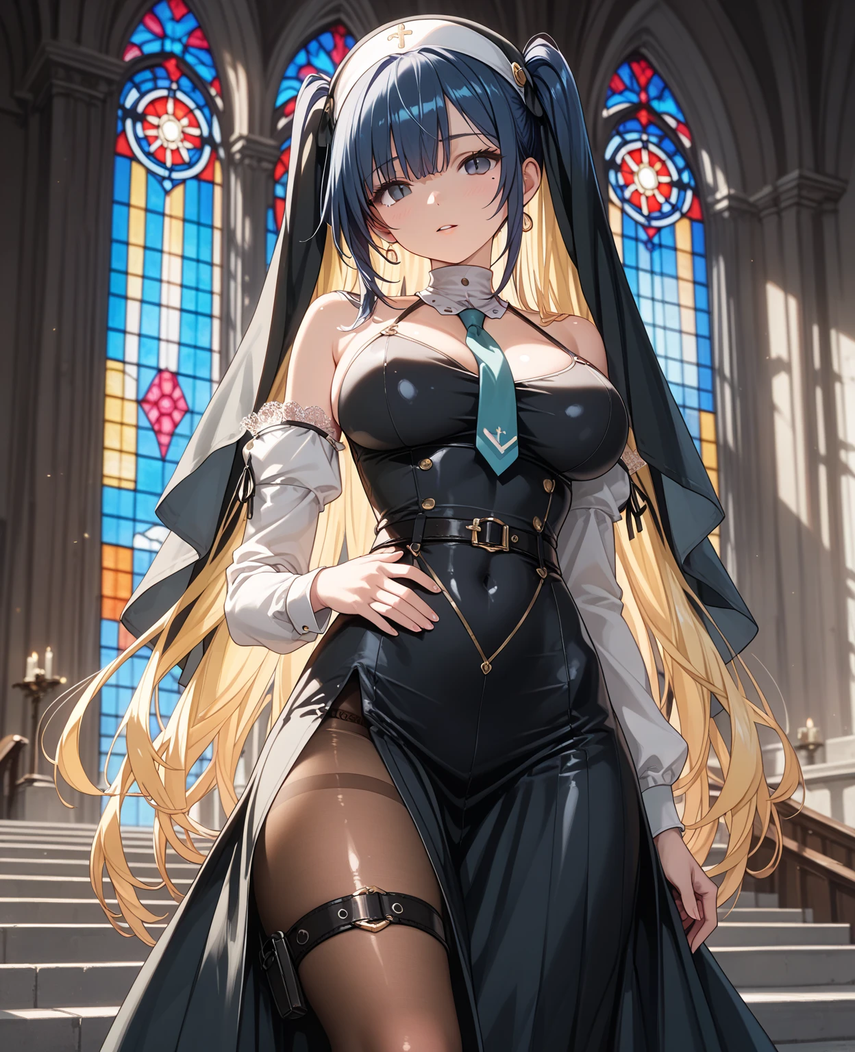 Realistic and detailed image of an elf. Dressed in a long tunic and checkered miniskirt with pleats and garter belts. Unusually shiny long black silky hair. Turquoise red eyes. She has earrings and long eyelashes. She has full lips and vampire teeth. Big breasts, thin waist, very wide hips and thick thighs. Side view. Arched back. She is walking in a city. Snowy night. Dark environment. Halloween. Starry Night.