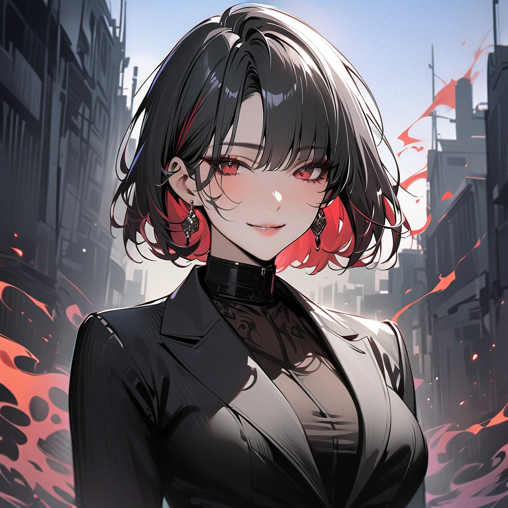master part, alta qualidade, (anime), best quality, 1girl, olhos e rosto muito detalhados, Antecedentes muito detalhados, dynamic pose, dynamic light, corpo inteiro, ((A powerful woman, who looks very powerful and superb in looks, pixie cut hair type, black hair and red eyes, wearing yellow earrings, dressed in a and powerful black costume)), , vermilion eyes, (unhas roxas), t pose, Background Story: chuvoso, celular,