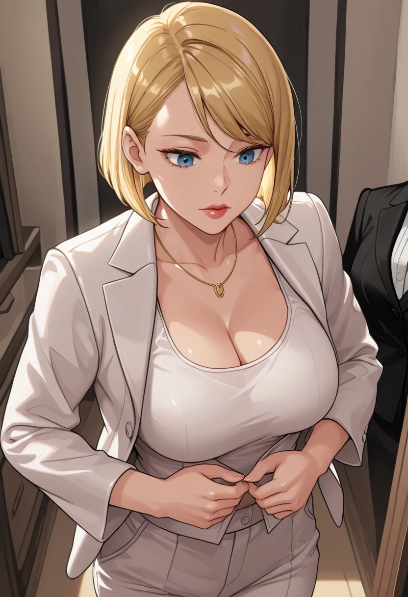 (tmasterpiece,A high resolution,best qualtiy:1.2),8K,highly detailed,复杂,rich colourful,vibrant image,Clear focus,cinematic ligh) blond hairbl,long whitr hair,Green eyes,body builder (Wear black business attire,black_Collared shirt cropped jacket,tiese,tiese,Black frilled skirt,a garter belt,Leather belt) (Large, Perfect round breasts,Hourglass body,Big breasts Thin waist,Very thin waist, photograph realistic,(hyper realisitc:1)big breasts beautiful, tmasterpiece,Best quality at best,extremelydetailedface,s the perfect face,beauitful face,Perfect lighting,Detailed eye makeup,Details of the face,Nice detail eyes,pretty hand,perfect hand,glowing light eyes(realistic pupil,Realistic iris:1)Heavy eye makeup,(empty Casino)(Posing dynamically)Panties, underwear, Suspenders,bralette