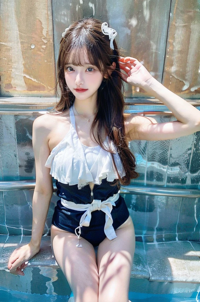 ((masterpiece)), ((Highest quality、Ultra-high resolution)), (Very detailed),8k、Photo quality、((Amazingly cute girl)),16-year-old girl)), Two people, , (Beautiful emerald blue eyes), ((smile)),In the open-air bath overlooking the sea, Beautifully arranged black hair in twin tails、Slim Body、((Cute Lolita Maid-style Swimsuit))、Professional Lighting、(Beautifully detailed white lace knee-highore detailed and cute realistic)、((Just wear light clothing))、Frolic in the pool、