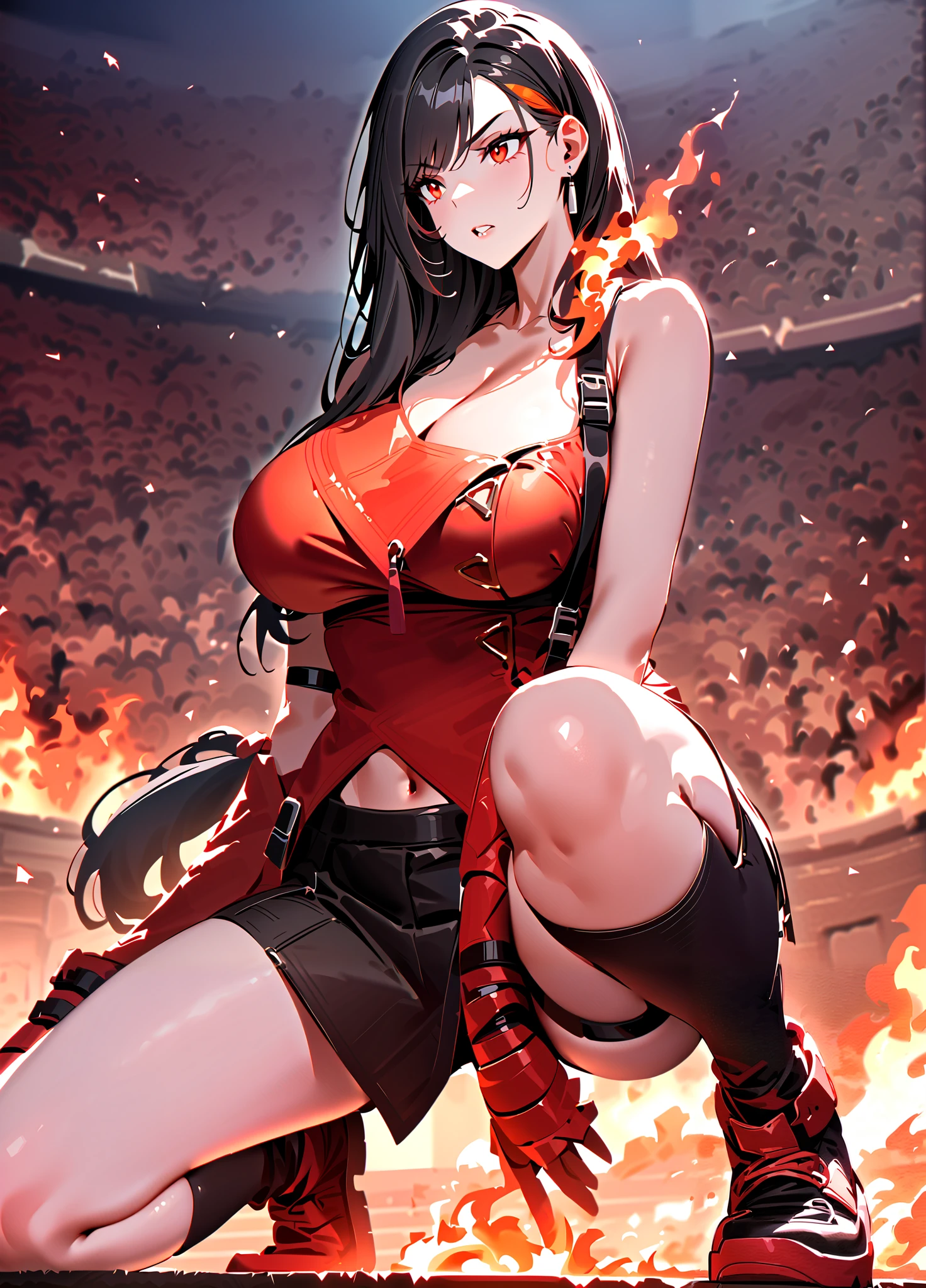 masterpiece, best quality, 1girl, solo, tifa lockhart, black hair, bangs, large breasts, LivingFlameIL.V1.0-female, fireelementalil, fire(theme), (fire hair:1.35), arena, audience, on one knee, full body, knee up, looking ahead, red eyes, low-tied long hair, hand between legs, arm support, v-shaped eyebrows, parted lips